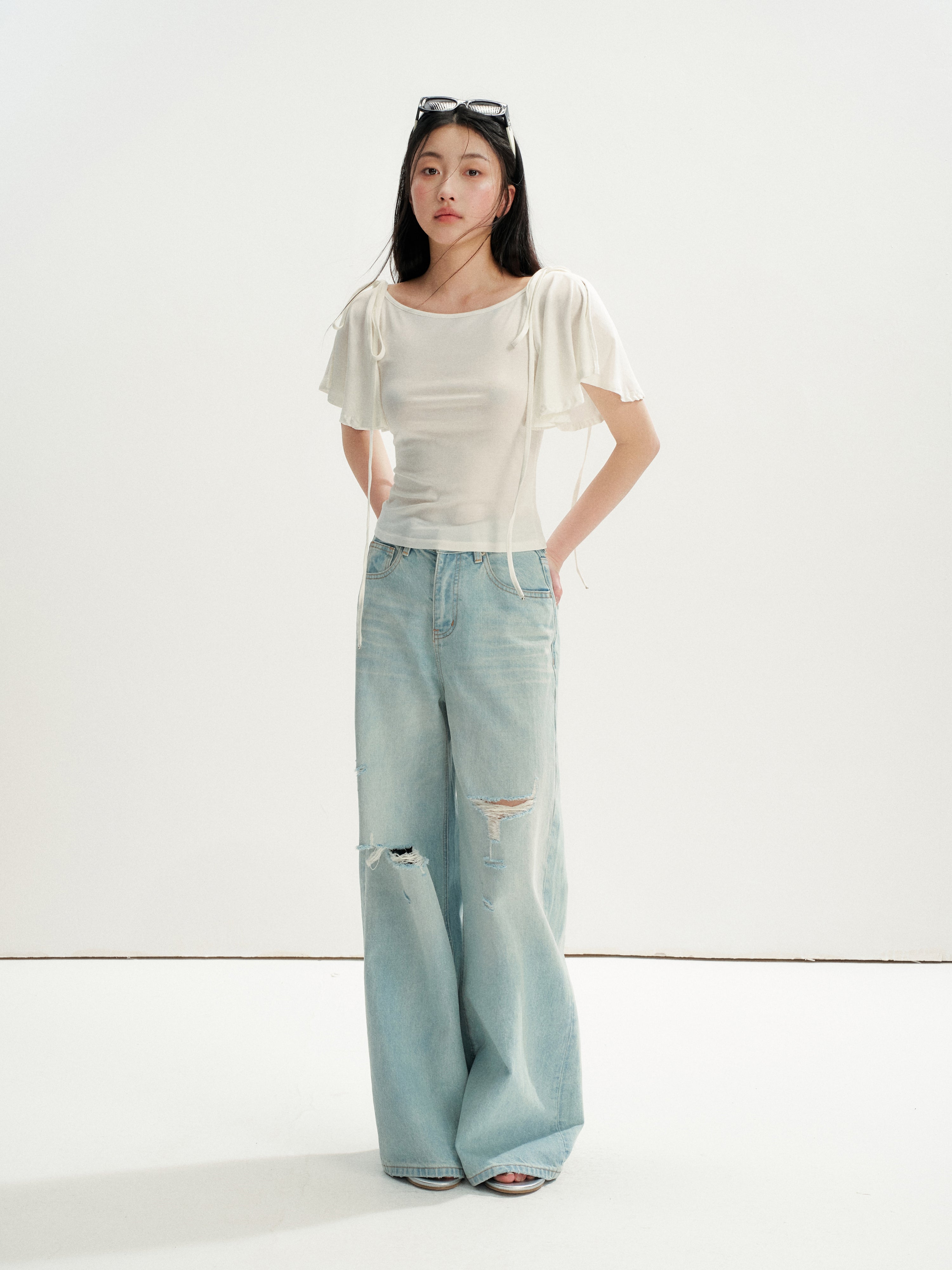 16DEWS 16D26236 Washed Light Blue Vintage Ripped Wide-Leg Jeans