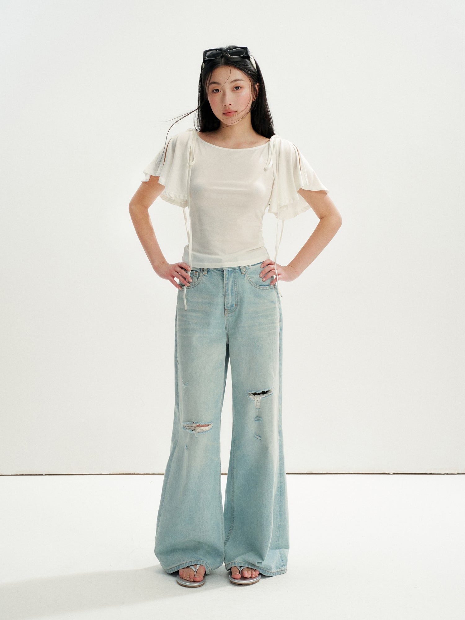 16DEWS 16D26236 Washed Light Blue Vintage Ripped Wide-Leg Jeans