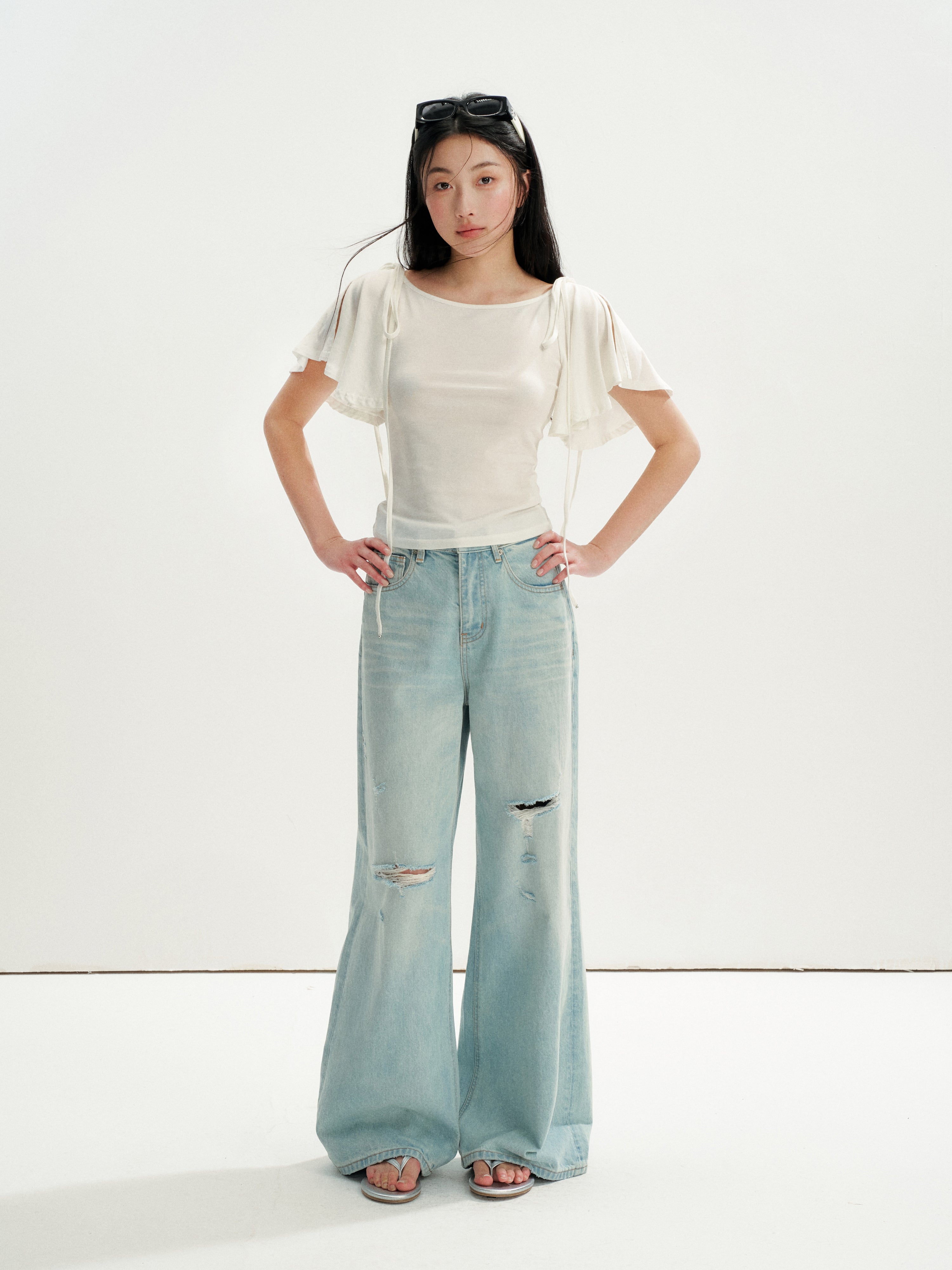 16DEWS 16D26236 Washed Light Blue Vintage Ripped Wide-Leg Jeans