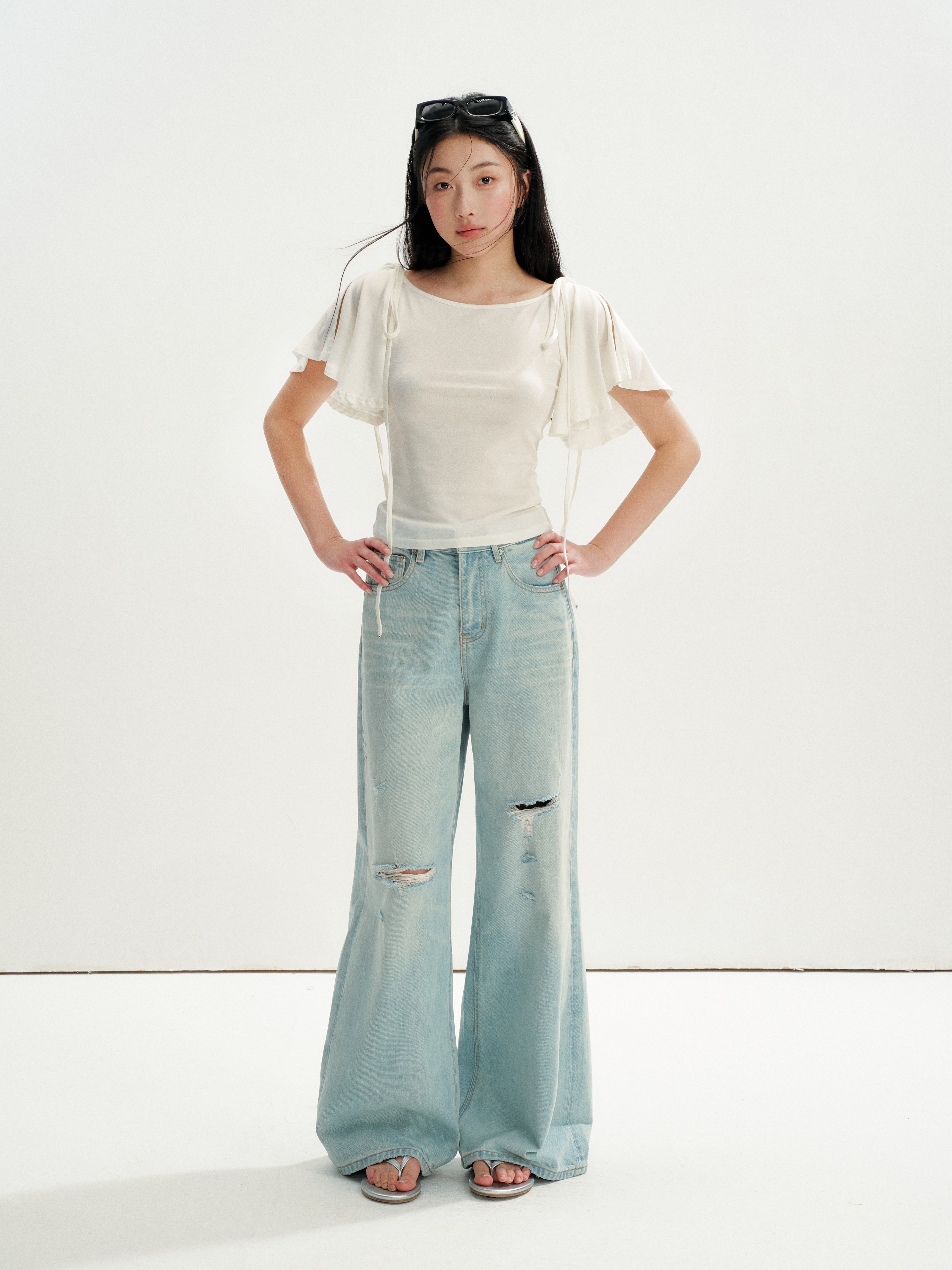 16DEWS 16D26236 Washed Light Blue Vintage Ripped Wide-Leg Jeans