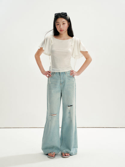 16DEWS 16D26236 Washed Light Blue Vintage Ripped Wide-Leg Jeans