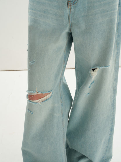 16DEWS 16D26236 Washed Light Blue Vintage Ripped Wide-Leg Jeans
