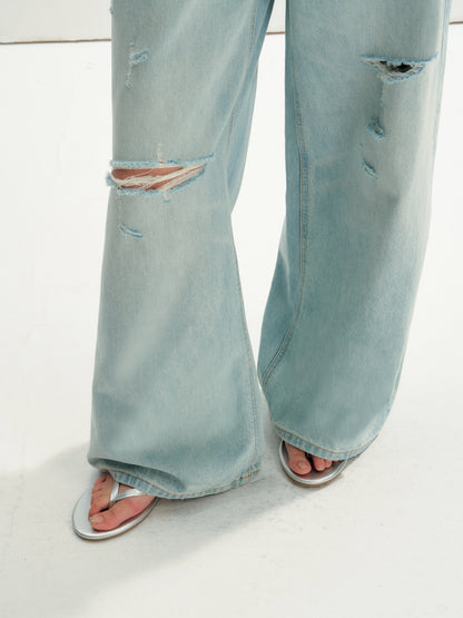 16DEWS 16D26236 Washed Light Blue Vintage Ripped Wide-Leg Jeans
