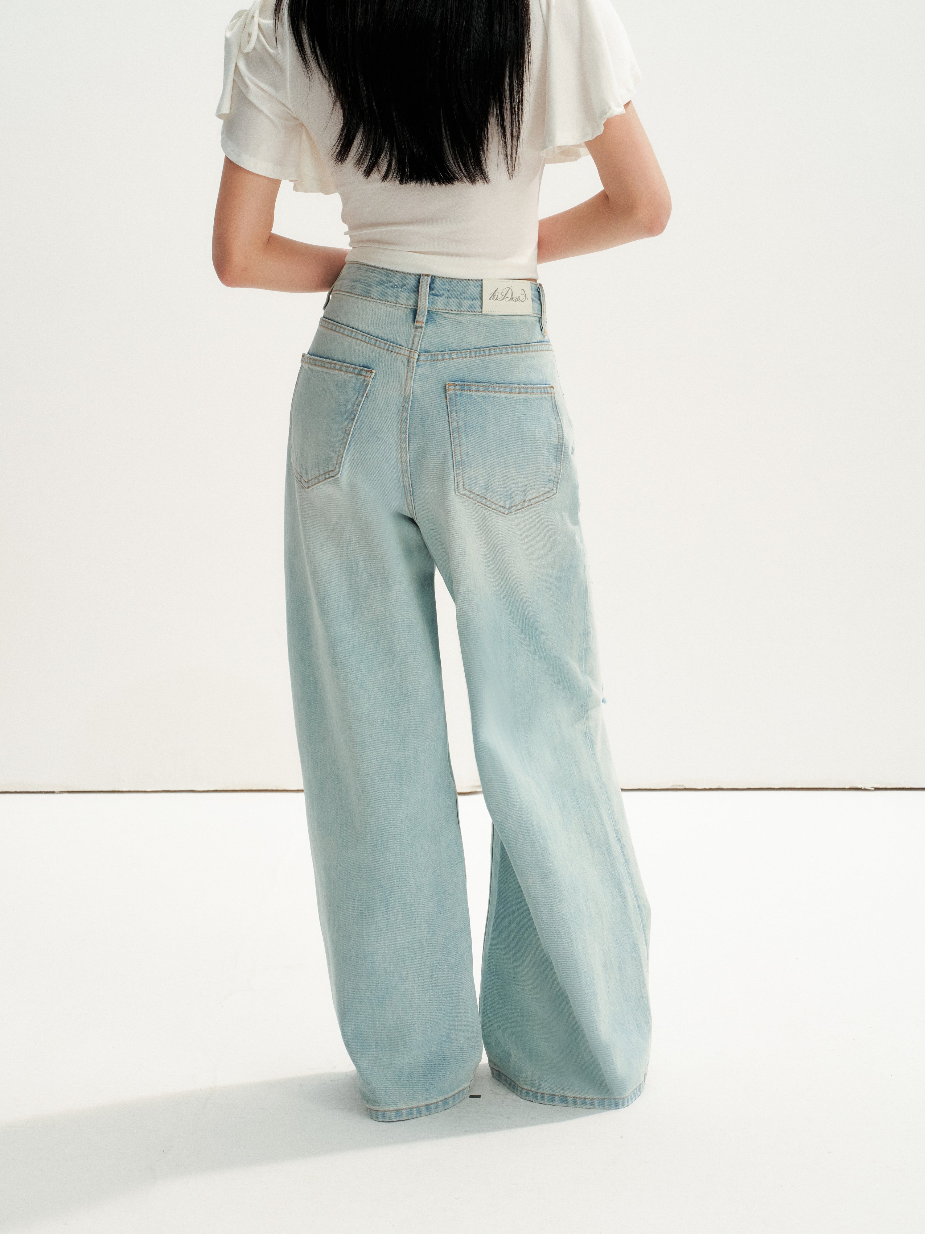 16DEWS 16D26236 Washed Light Blue Vintage Ripped Wide-Leg Jeans