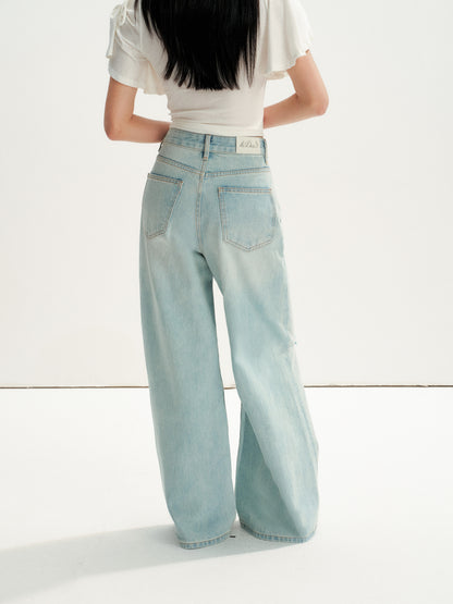 16DEWS 16D26236 Washed Light Blue Vintage Ripped Wide-Leg Jeans