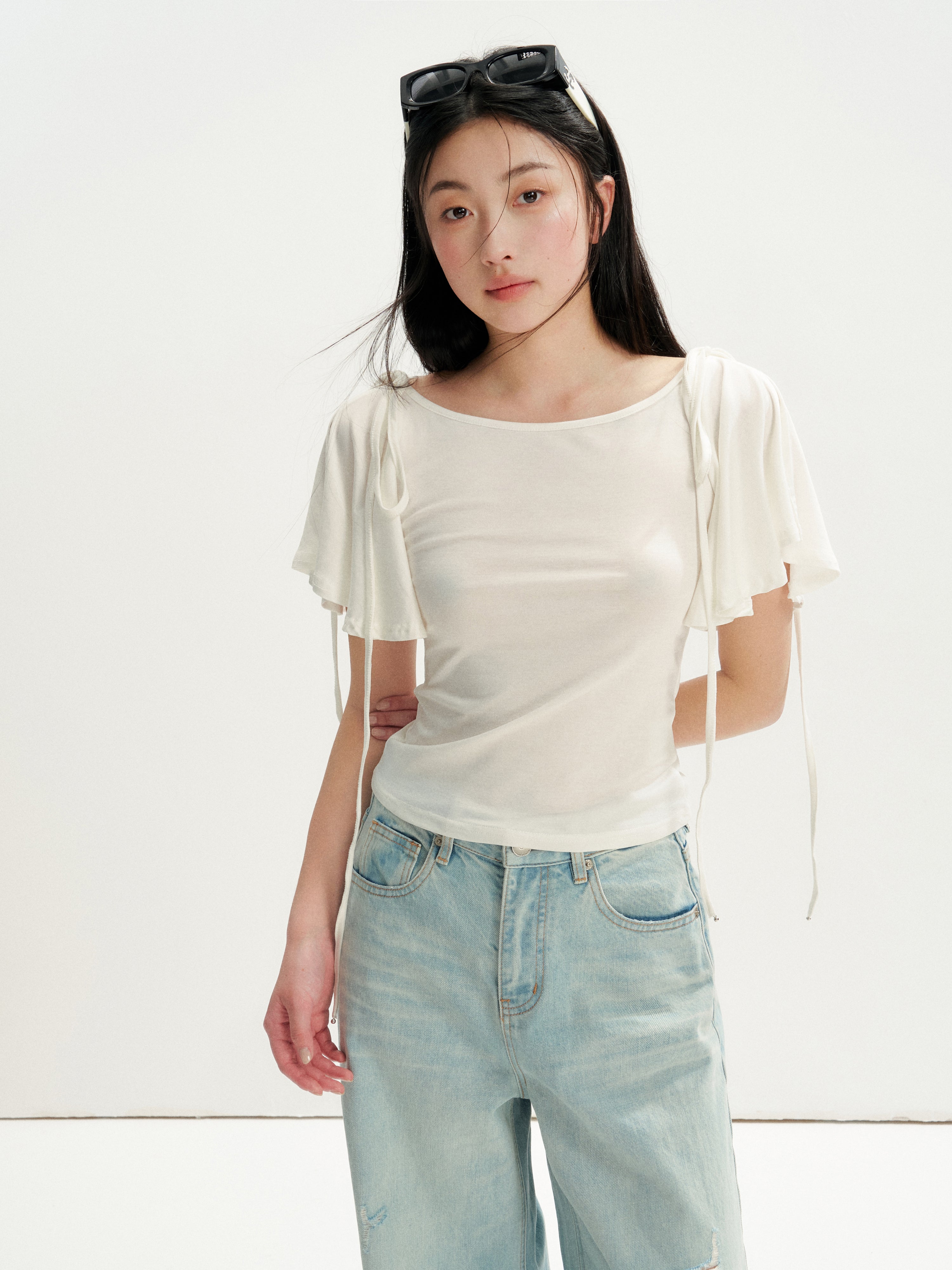 16DEWS 16D26236 Washed Light Blue Vintage Ripped Wide-Leg Jeans
