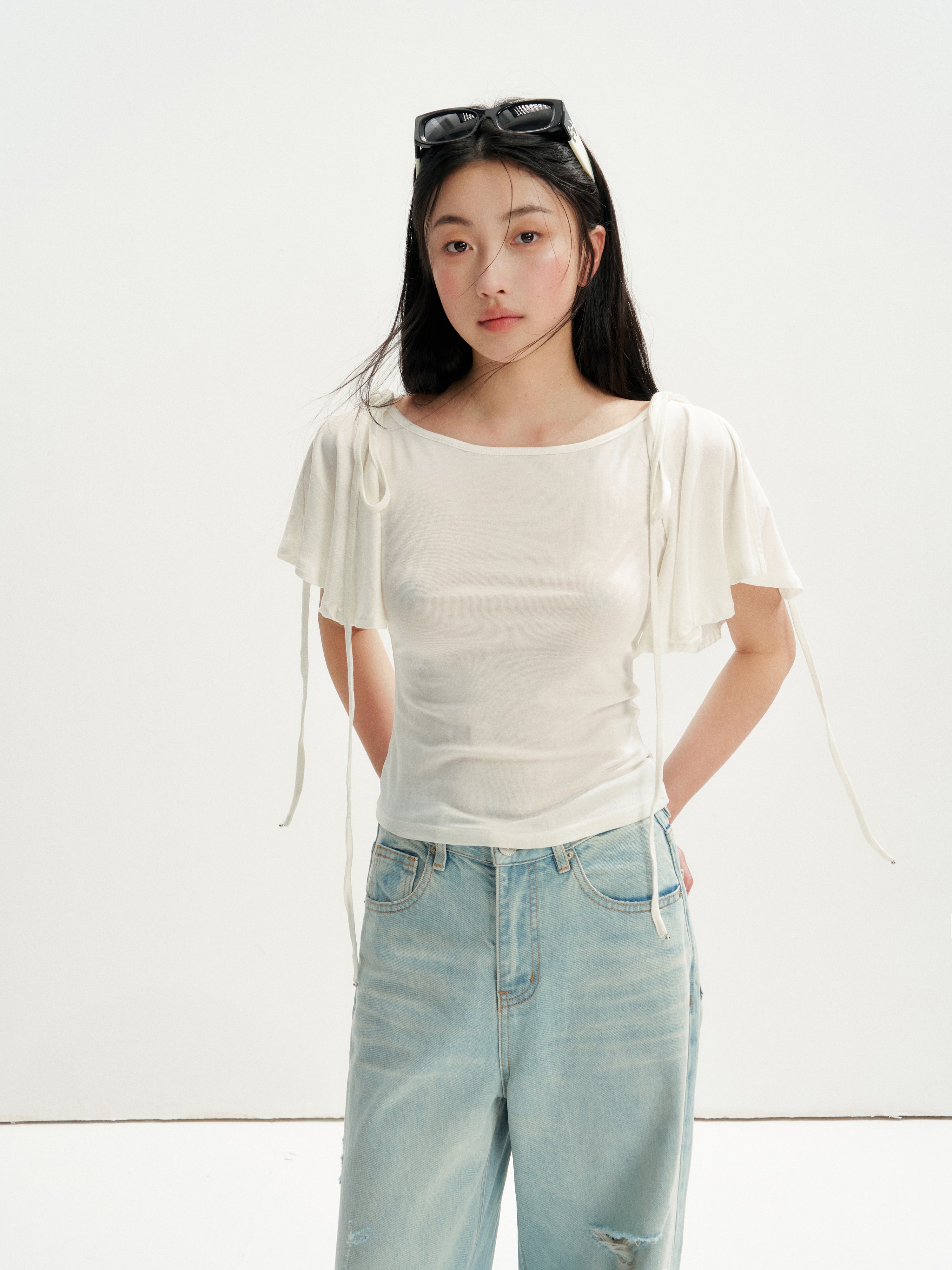 16DEWS 16D26236 Washed Light Blue Vintage Ripped Wide-Leg Jeans