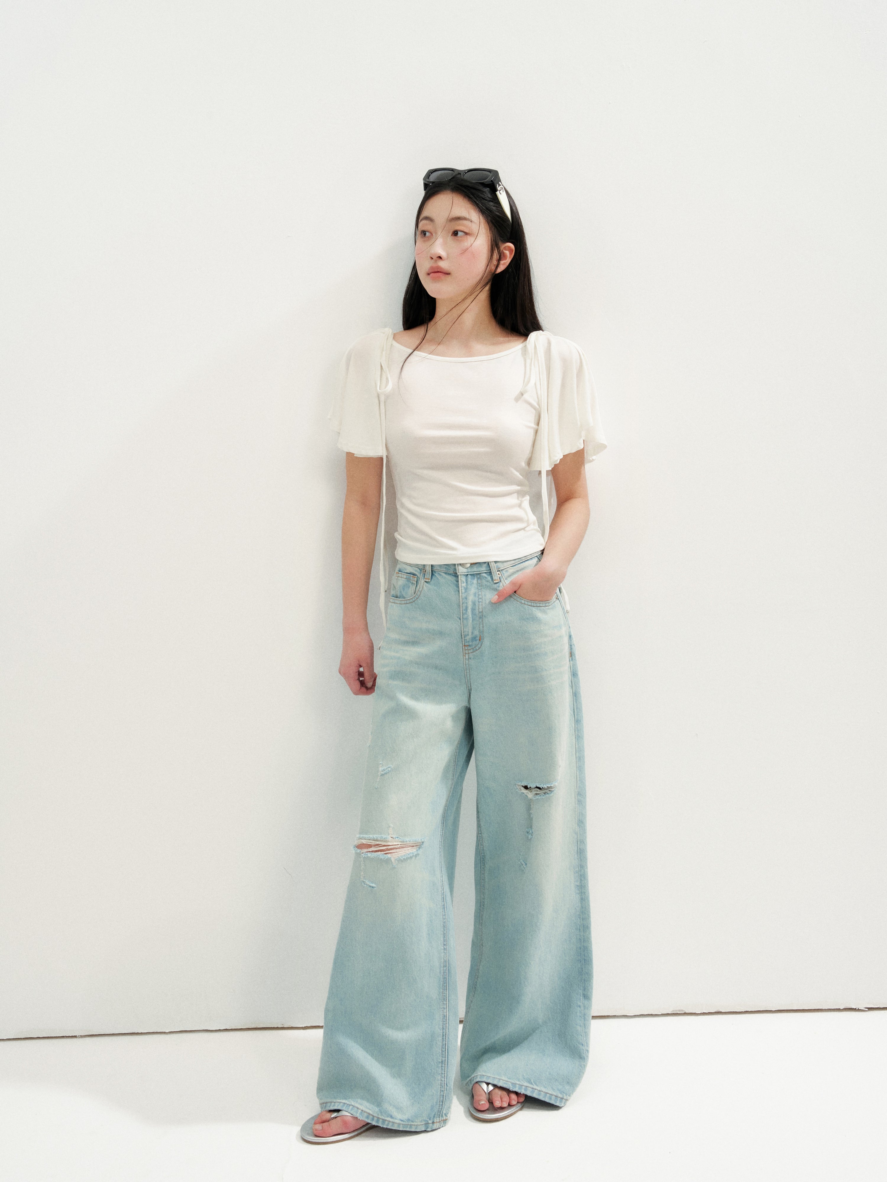 16DEWS 16D26236 Washed Light Blue Vintage Ripped Wide-Leg Jeans