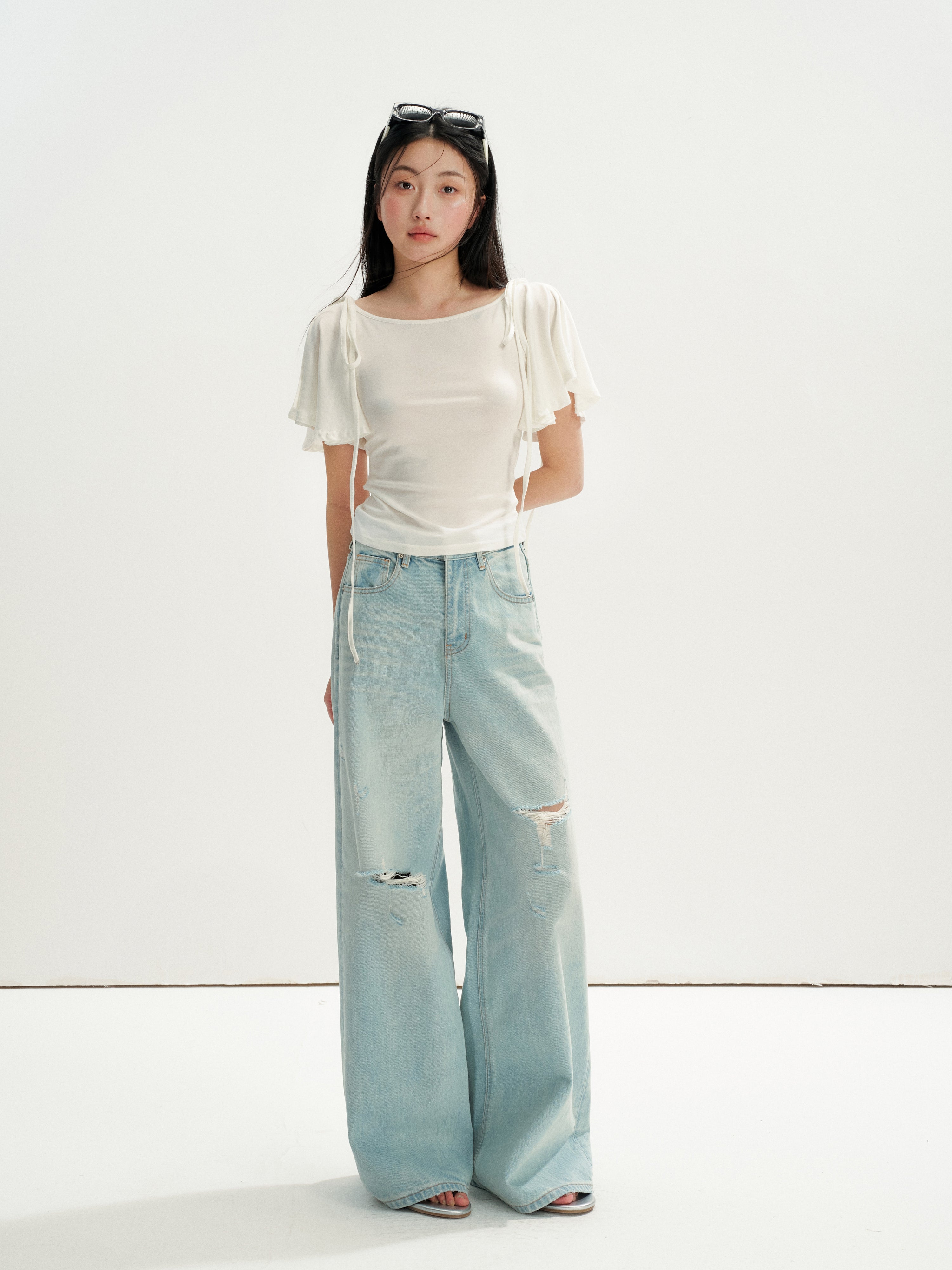 16DEWS 16D26236 Washed Light Blue Vintage Ripped Wide-Leg Jeans