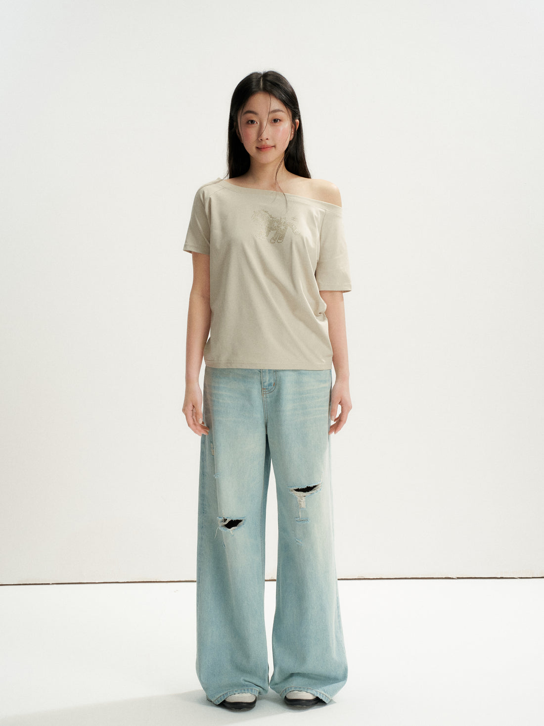 16DEWS 16D26236 Washed Light Blue Vintage Ripped Wide-Leg Jeans