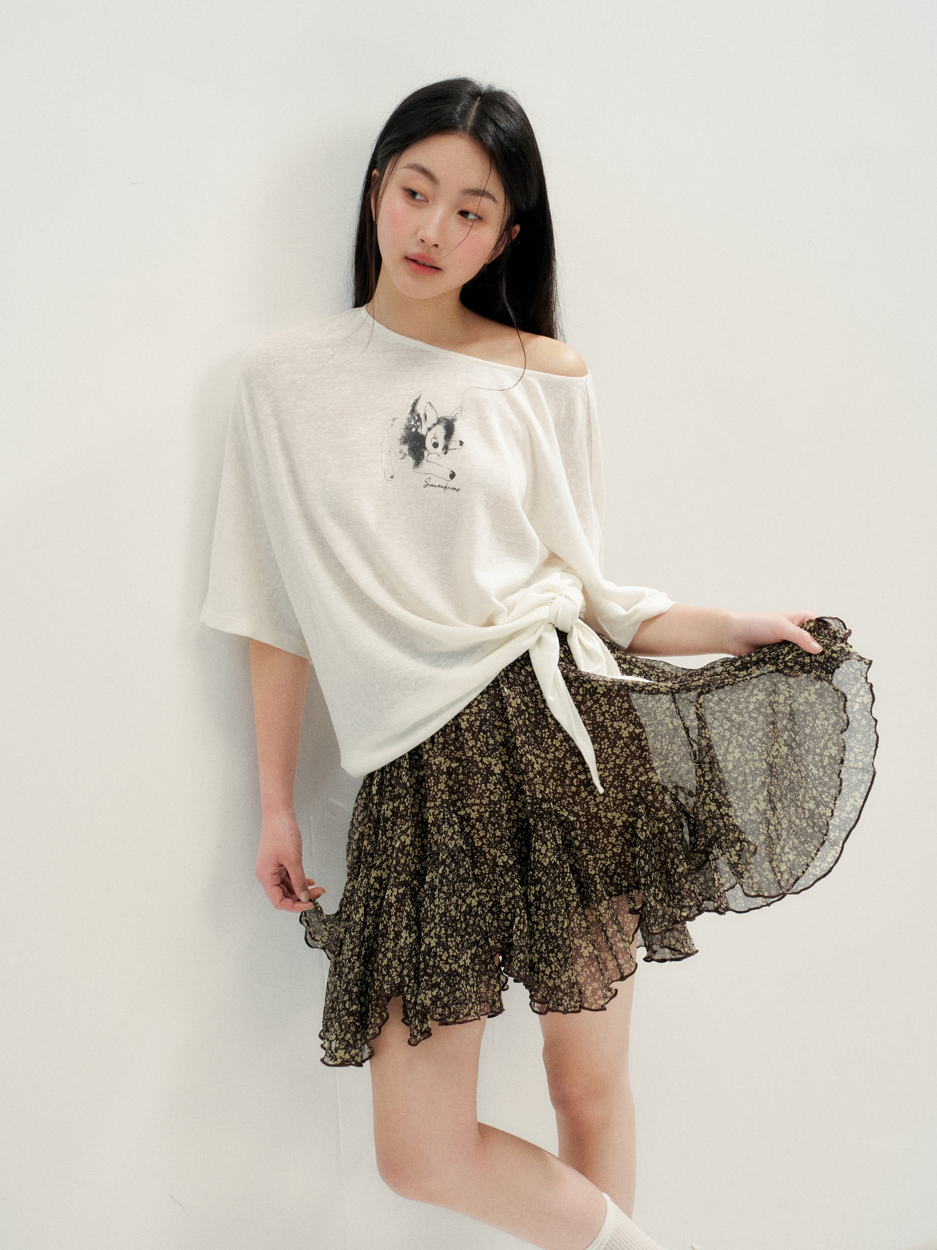 16DEWS 16D26246 Lax Casual Asymmetric Shoulder Tie Printed T-Shirt