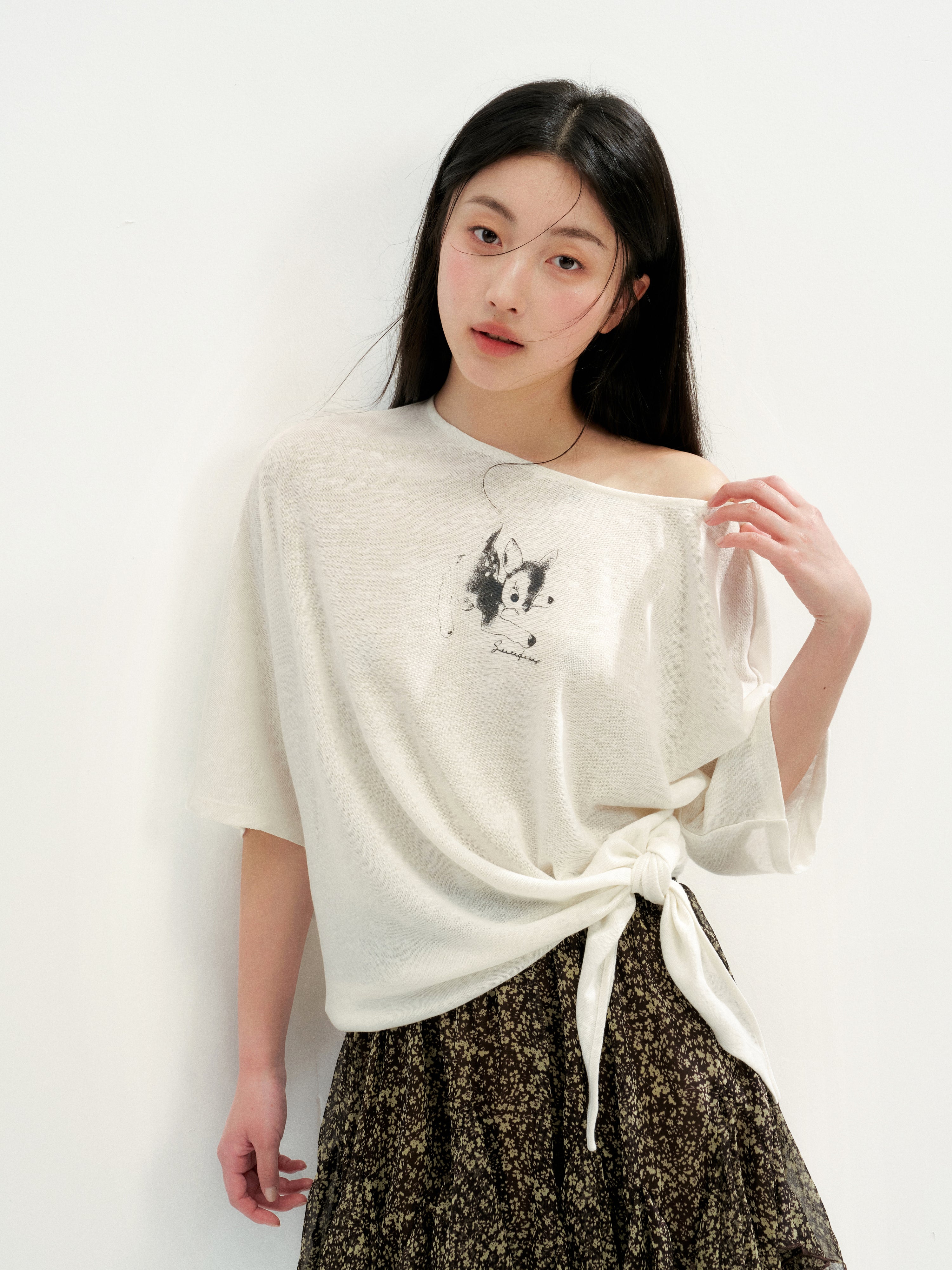 16DEWS 16D26246 Lax Casual Asymmetric Shoulder Tie Printed T-Shirt