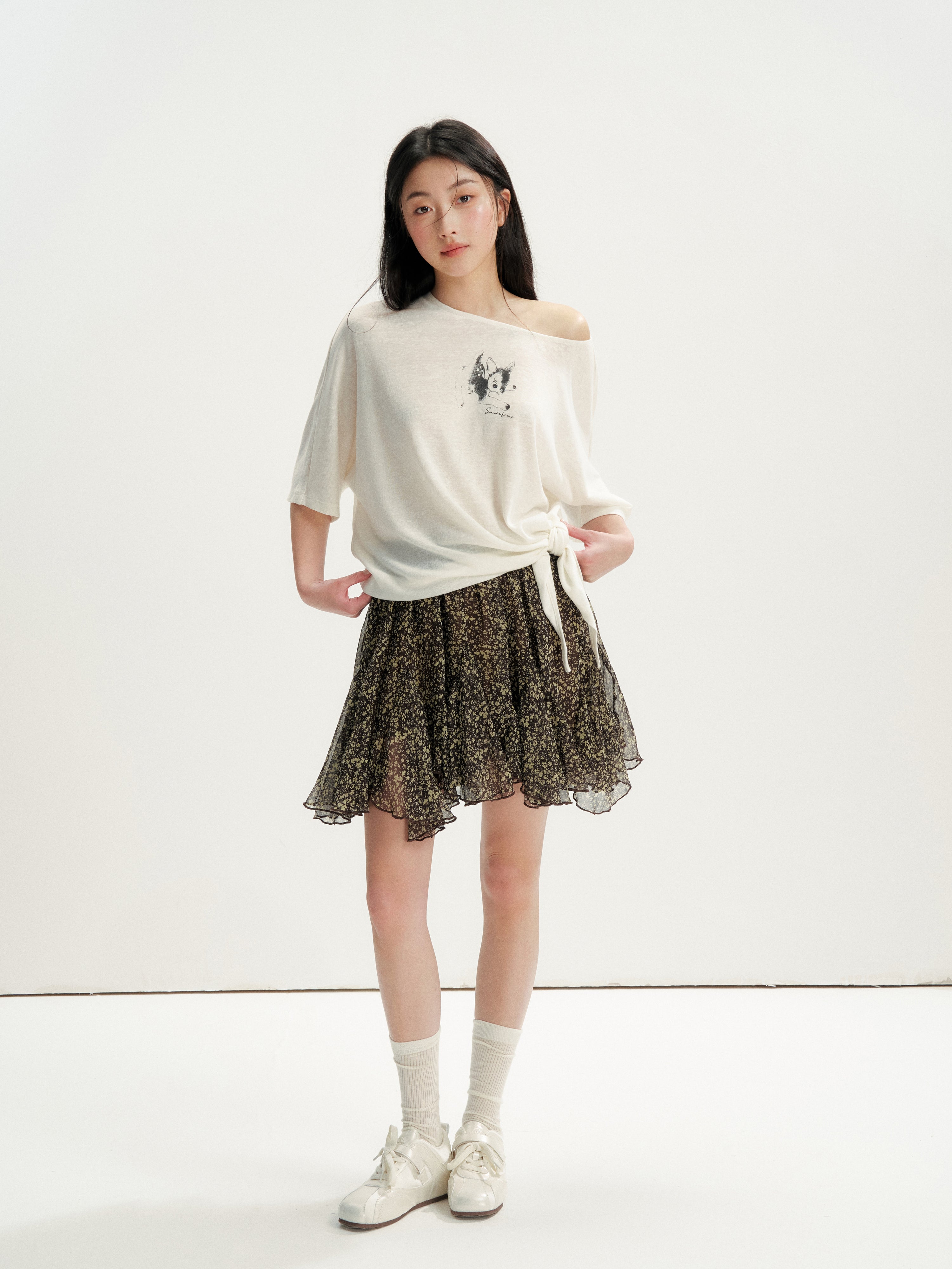 16DEWS 16D26246 Lax Casual Asymmetric Shoulder Tie Printed T-Shirt