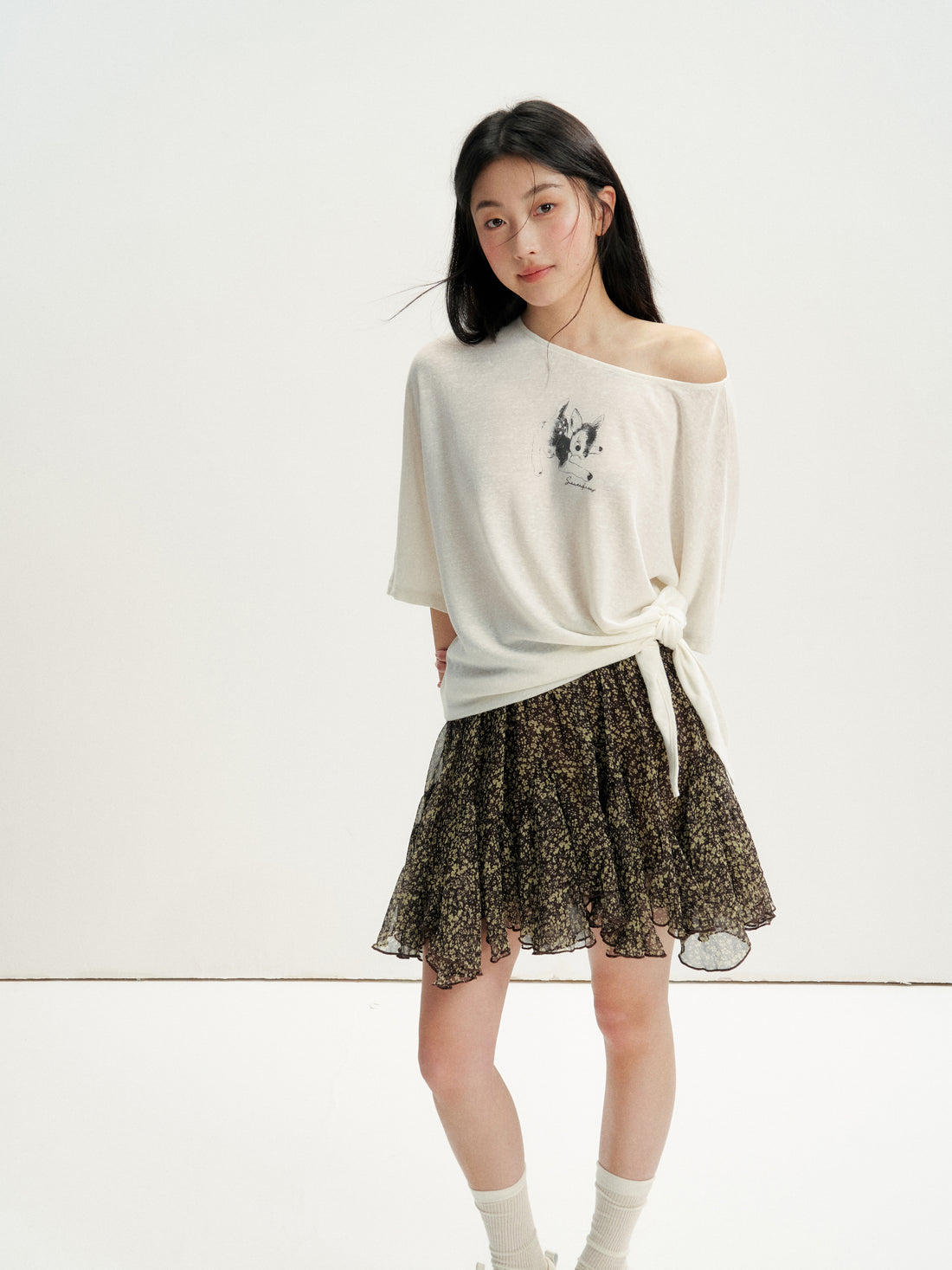 16DEWS 16D26246 Lax Casual Asymmetric Shoulder Tie Printed T-Shirt