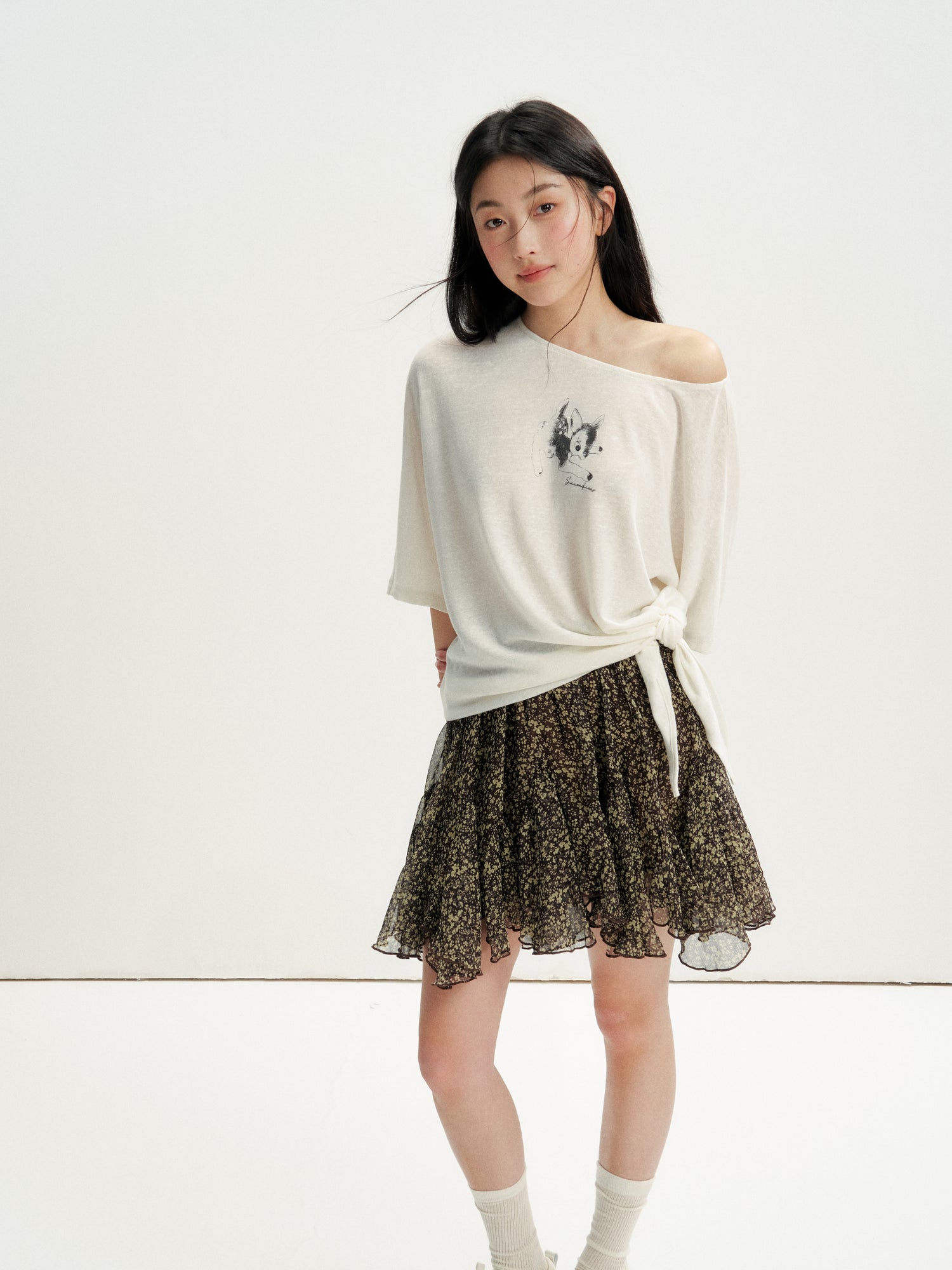 16DEWS 16D26246 Lax Casual Asymmetric Shoulder Tie Printed T-Shirt