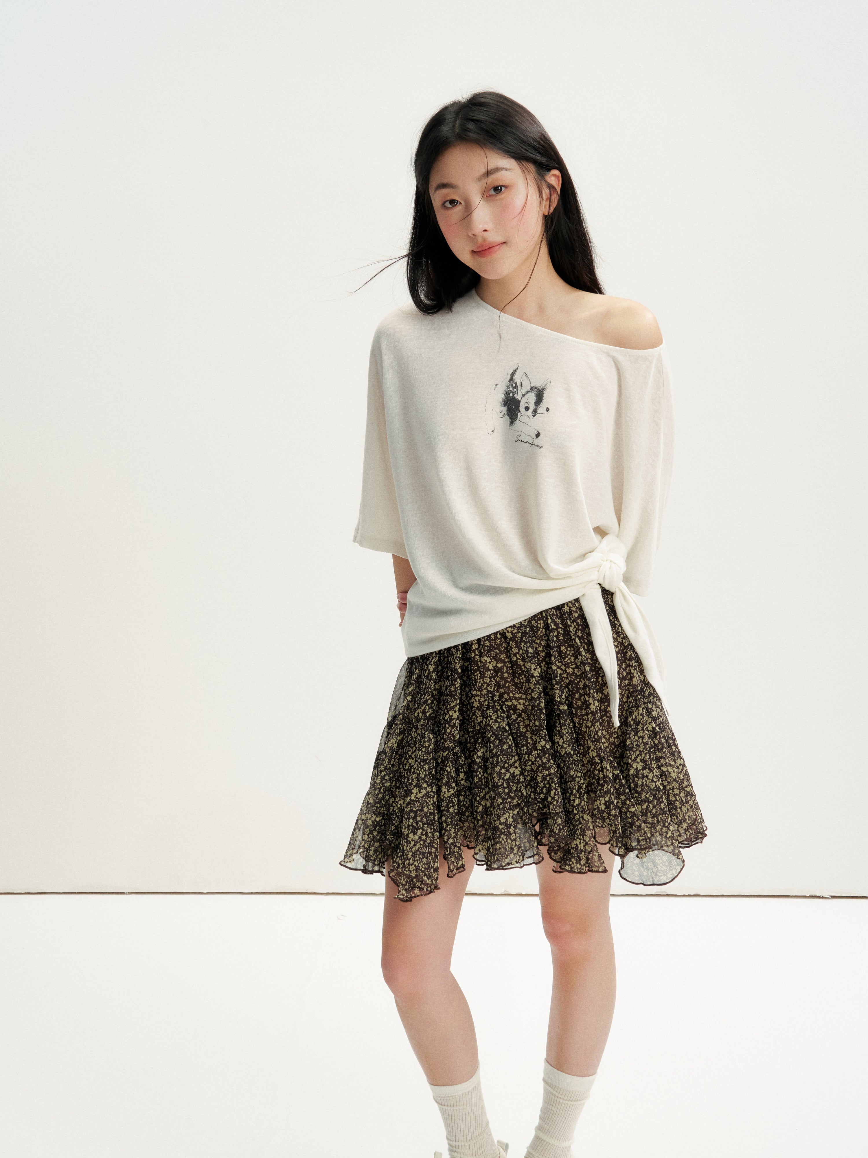 16DEWS 16D26246 Lax Casual Asymmetric Shoulder Tie Printed T-Shirt
