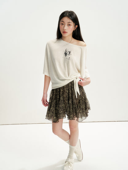 16DEWS 16D26246 Lax Casual Asymmetric Shoulder Tie Printed T-Shirt