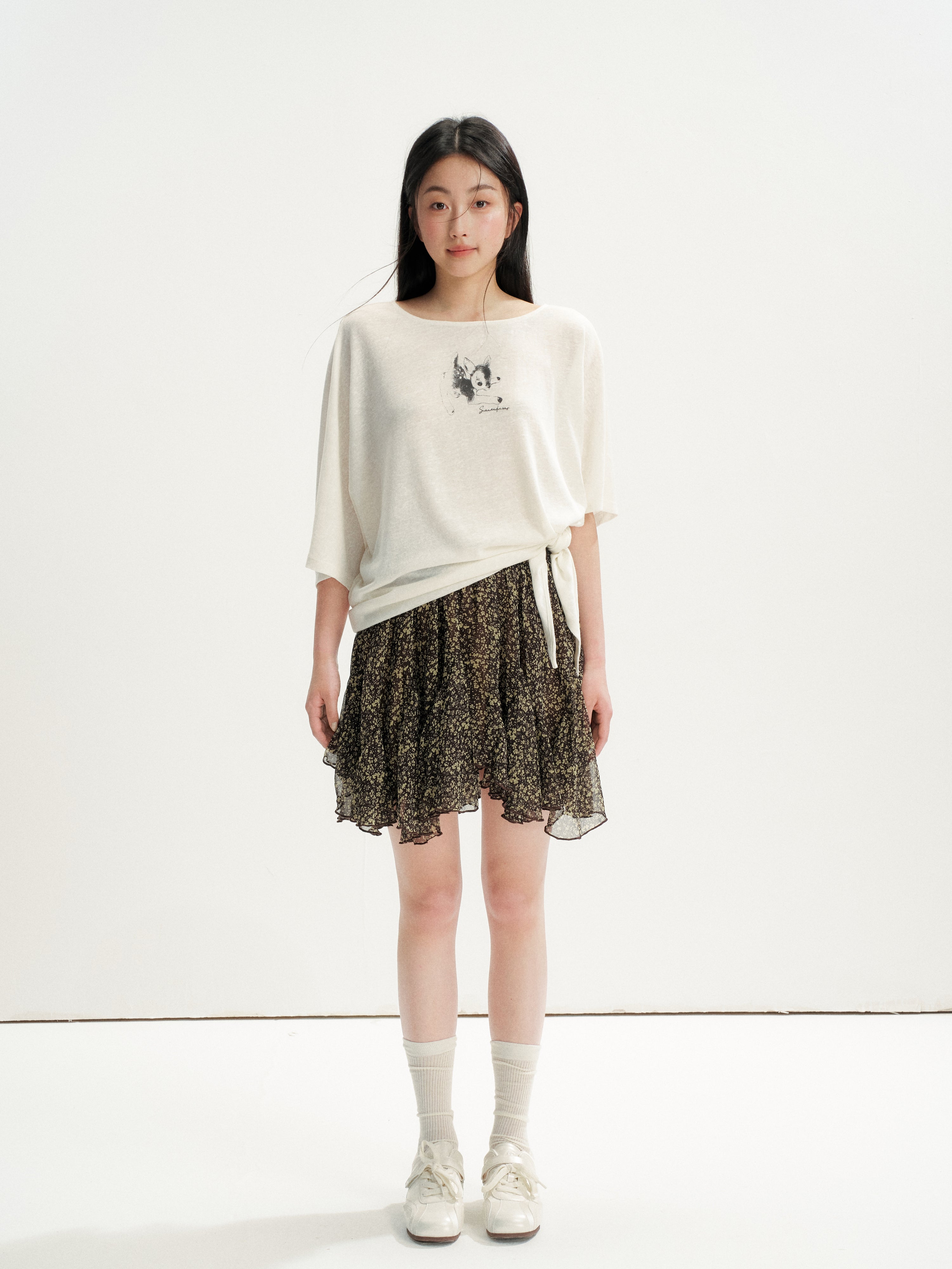 16DEWS 16D26246 Lax Casual Asymmetric Shoulder Tie Printed T-Shirt
