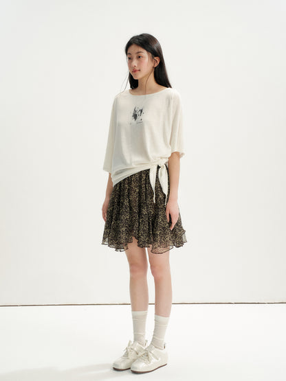 16DEWS 16D26246 Lax Casual Asymmetric Shoulder Tie Printed T-Shirt