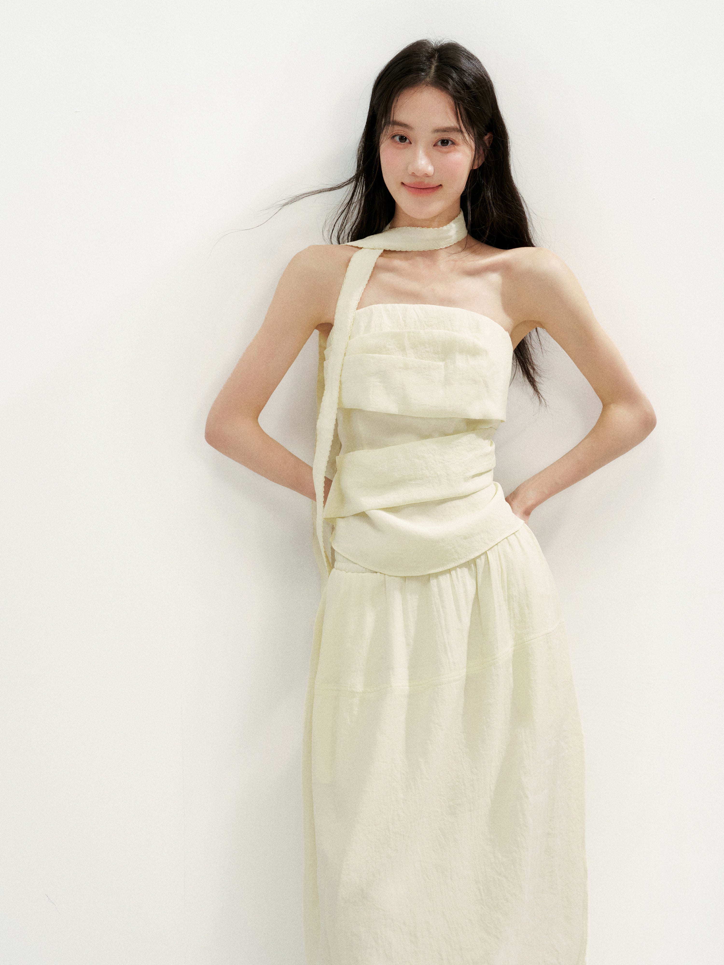 16DEWS 16D26254&amp;16D26255 Irregular Runching Design Waisted Tube Top+Midi Skirt