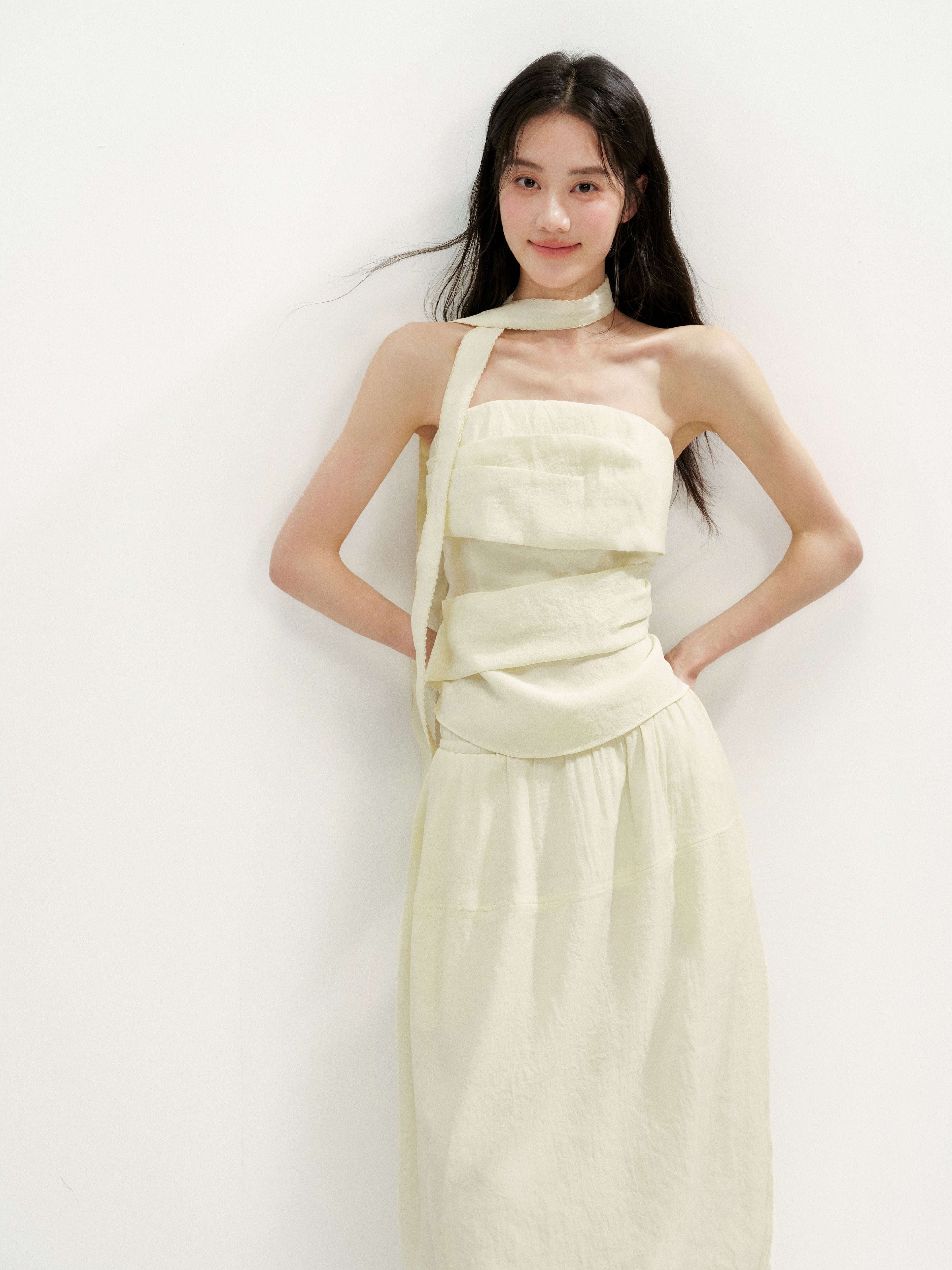 16DEWS 16D26254&amp;16D26255 Irregular Runching Design Waisted Tube Top+Midi Skirt