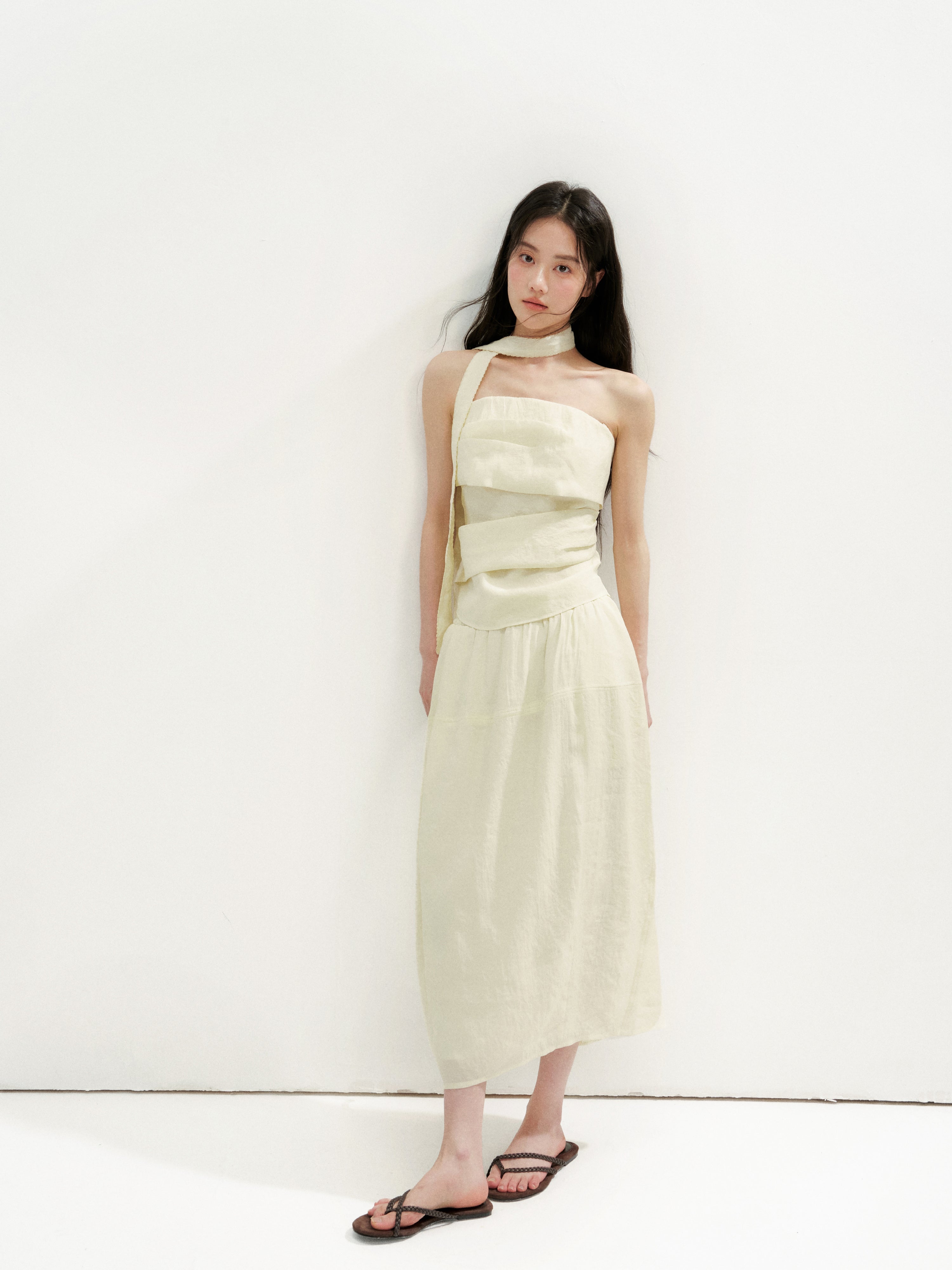 16DEWS 16D26254&amp;16D26255 Irregular Runching Design Waisted Tube Top+Midi Skirt