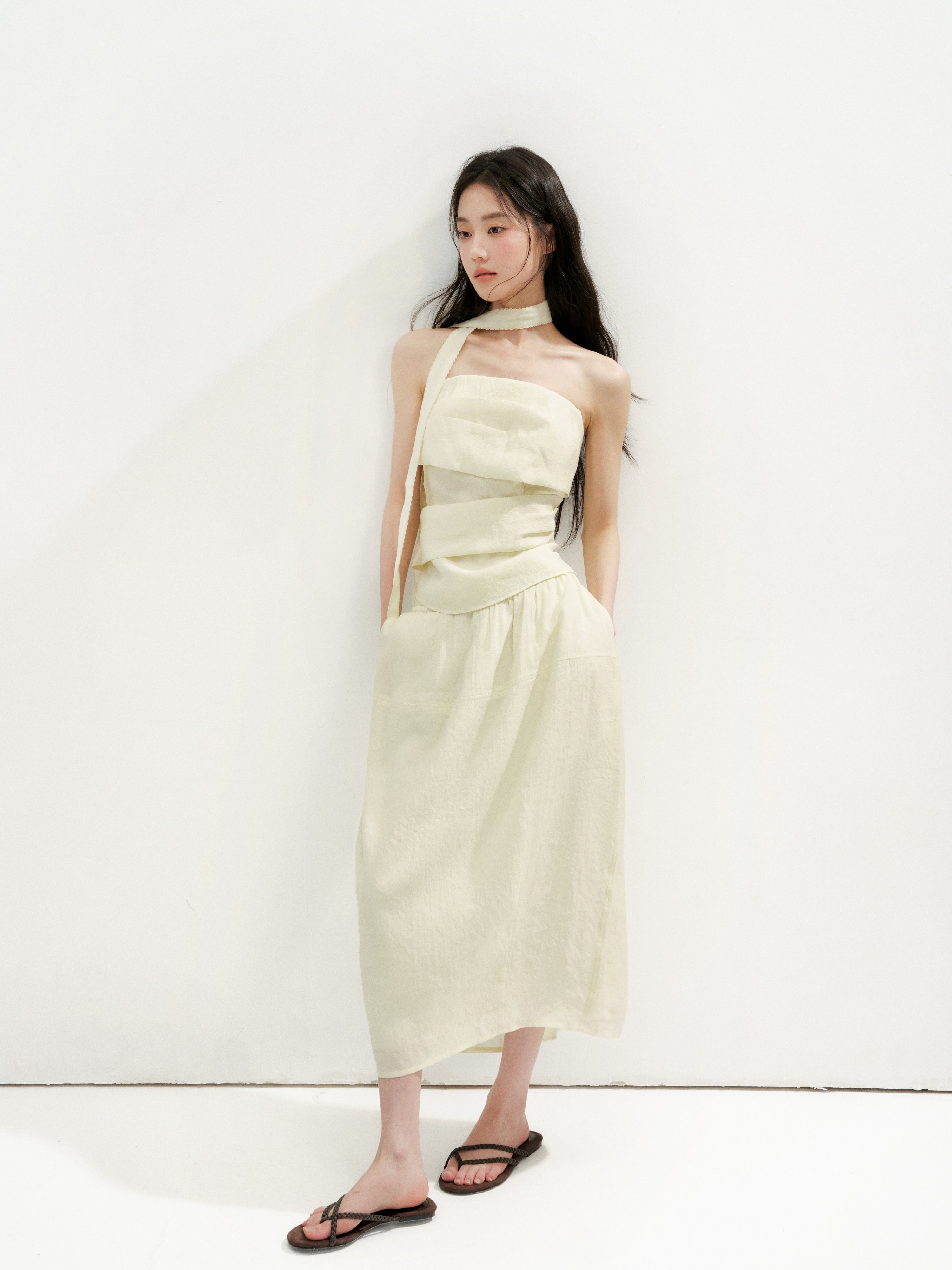 16DEWS 16D26254&amp;16D26255 Irregular Runching Design Waisted Tube Top+Midi Skirt