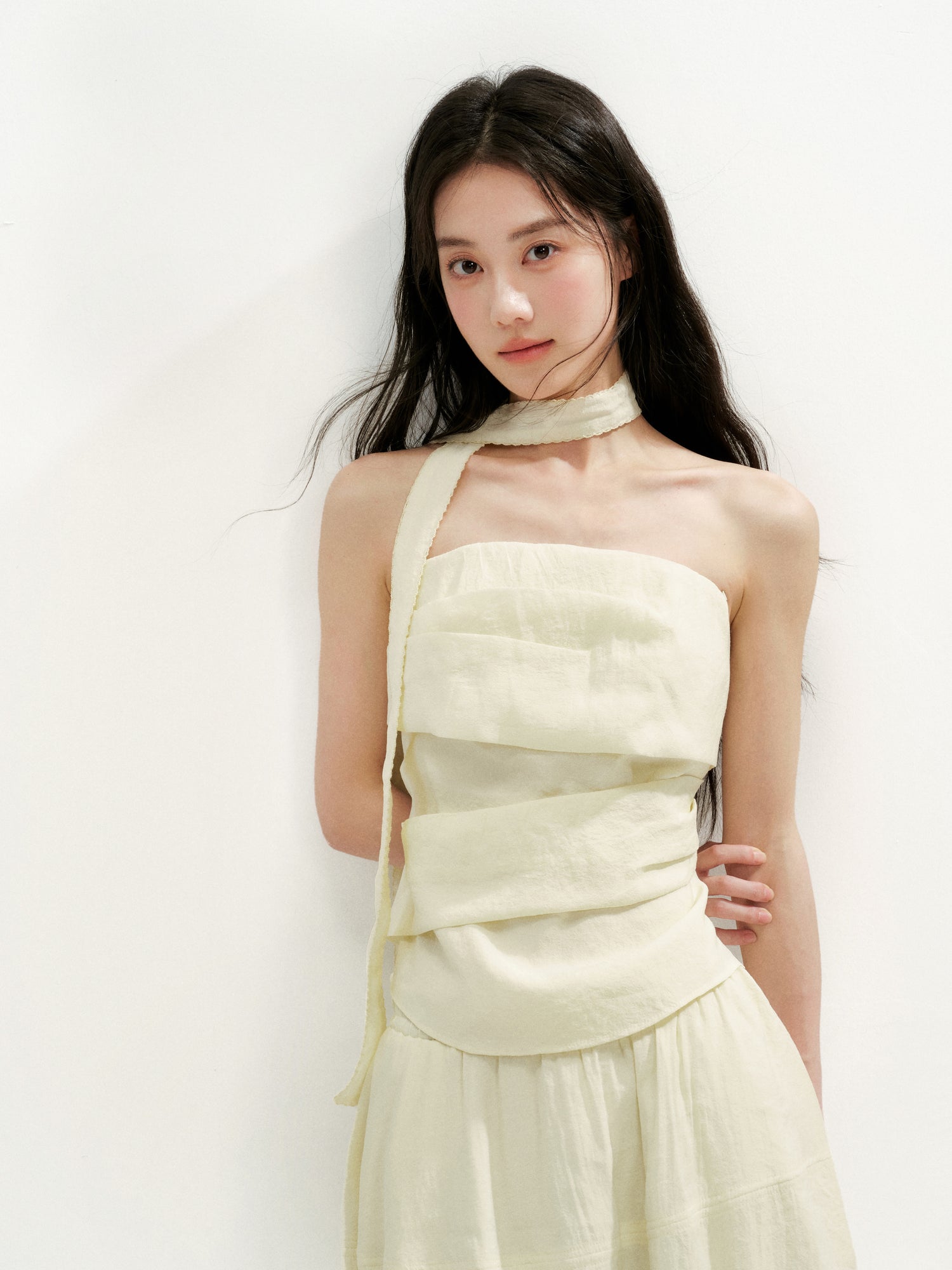 16DEWS 16D26254&amp;16D26255 Irregular Runching Design Waisted Tube Top+Midi Skirt