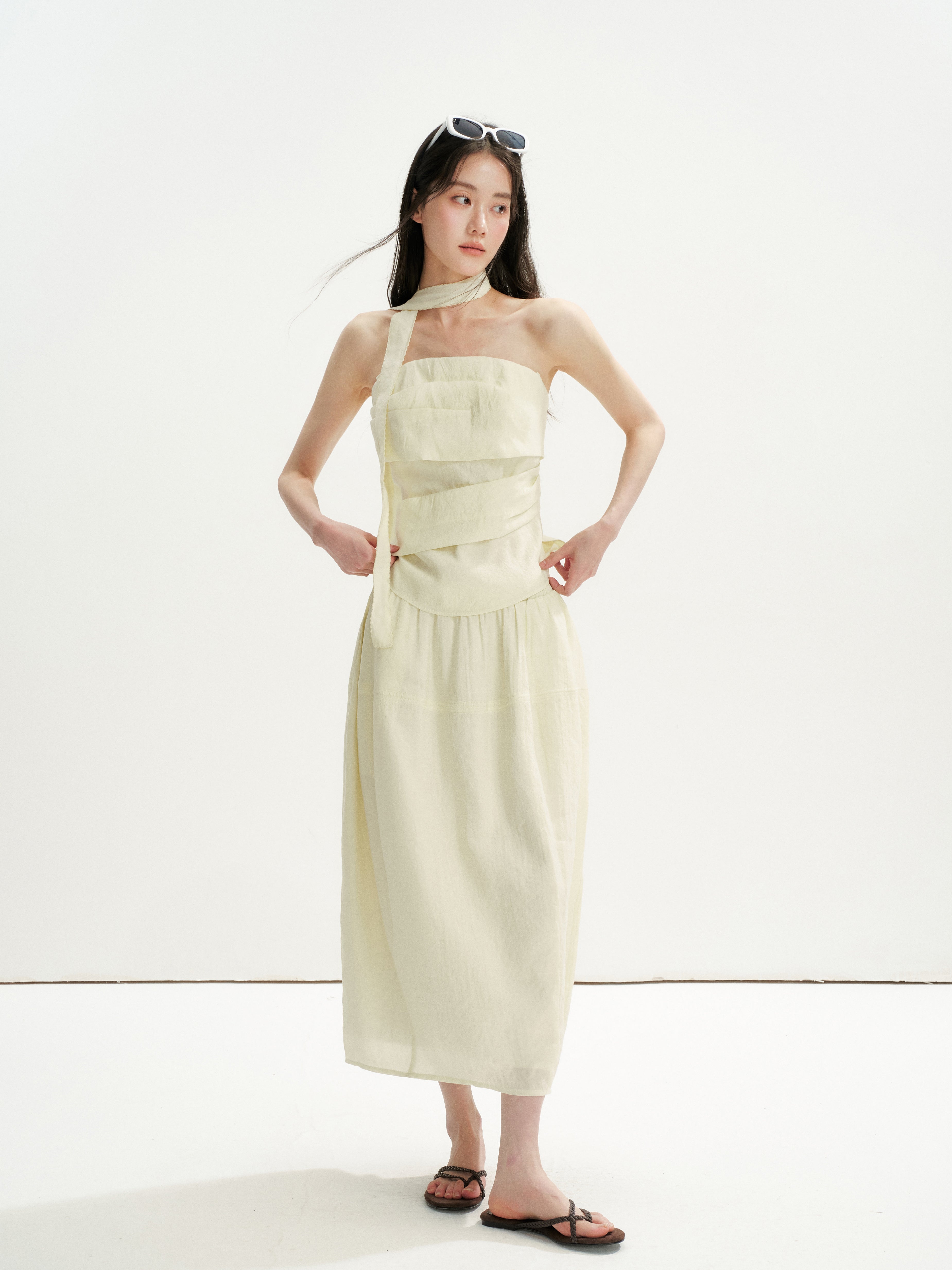 16DEWS 16D26254&amp;16D26255 Irregular Runching Design Waisted Tube Top+Midi Skirt