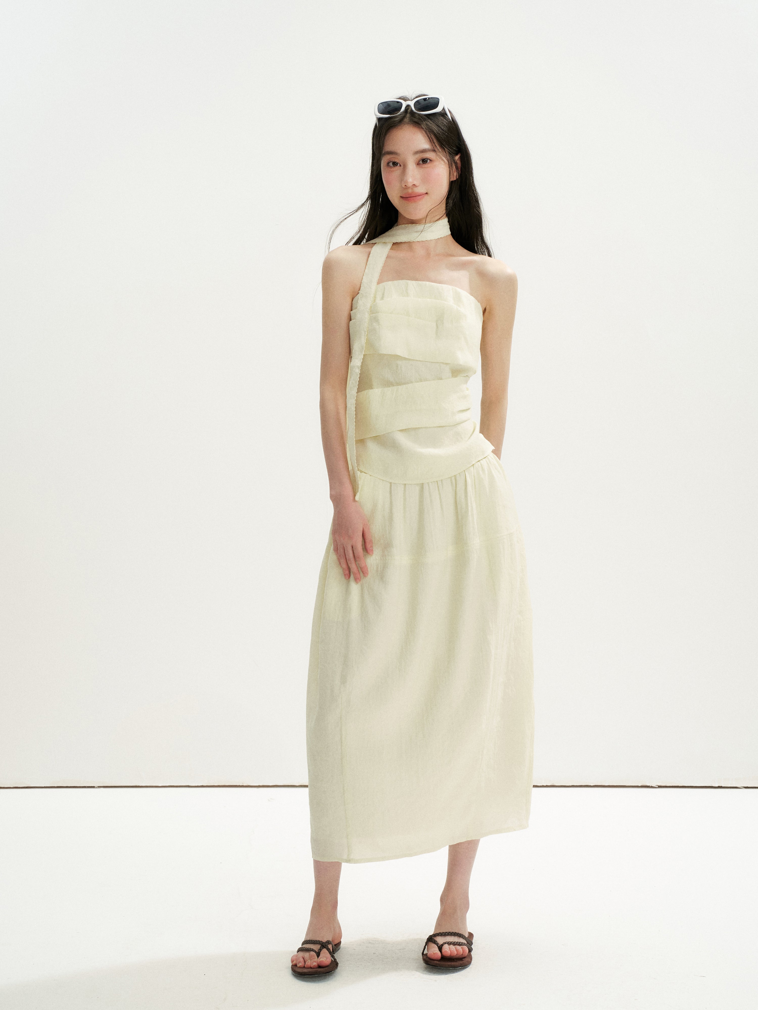 16DEWS 16D26254&amp;16D26255 Irregular Runching Design Waisted Tube Top+Midi Skirt