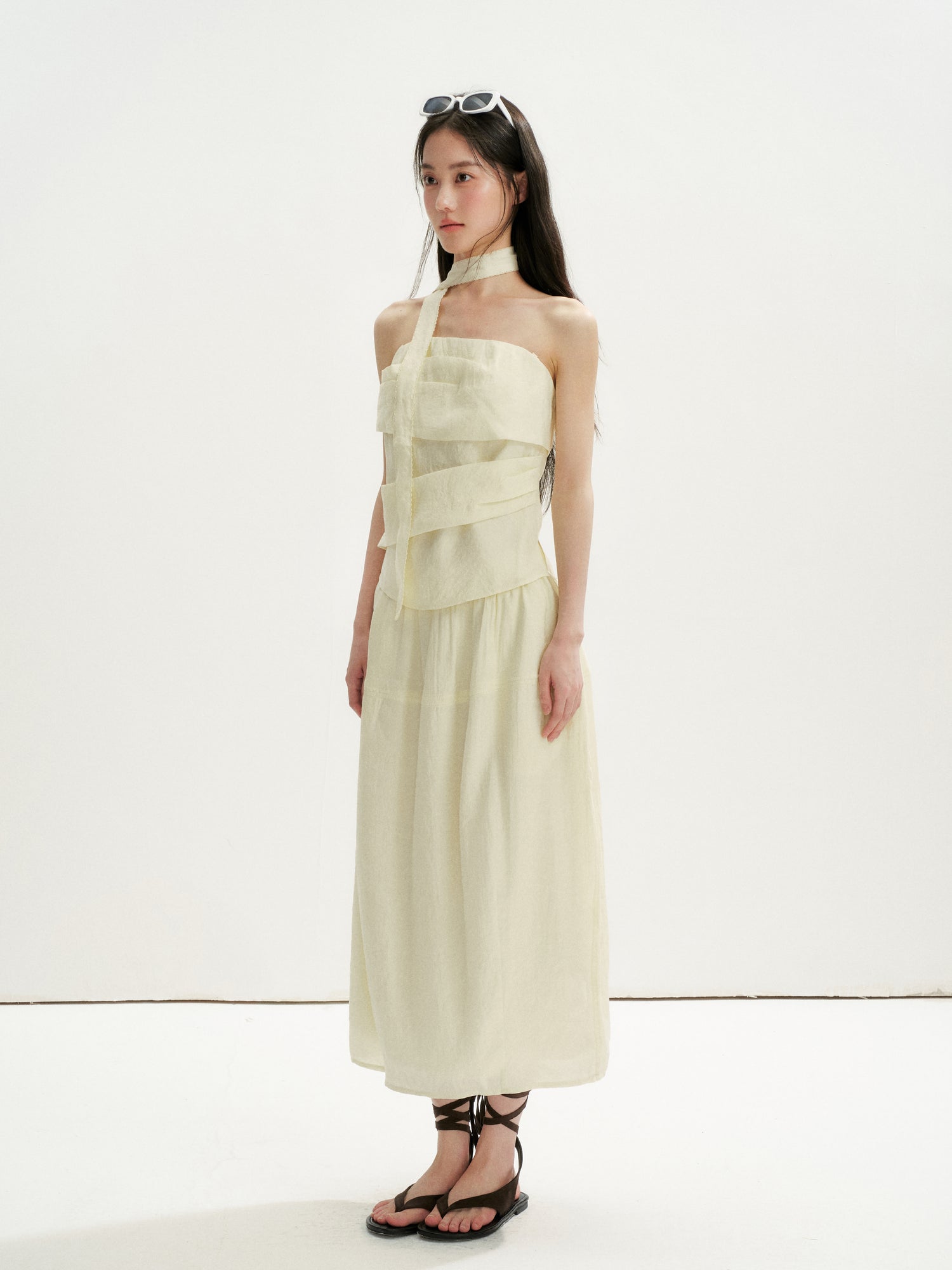 16DEWS 16D26254&amp;16D26255 Irregular Runching Design Waisted Tube Top+Midi Skirt