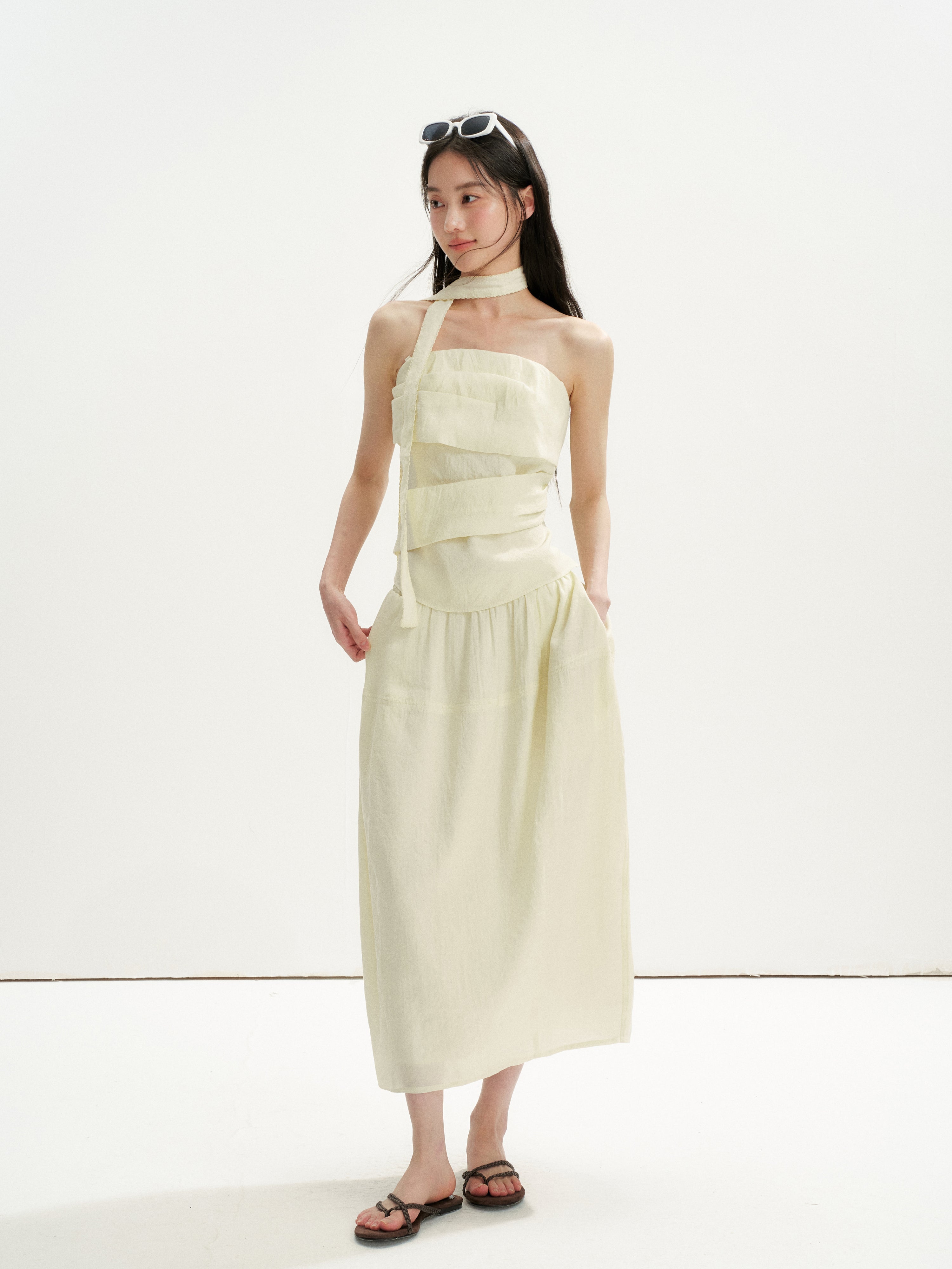 16DEWS 16D26254&amp;16D26255 Irregular Runching Design Waisted Tube Top+Midi Skirt