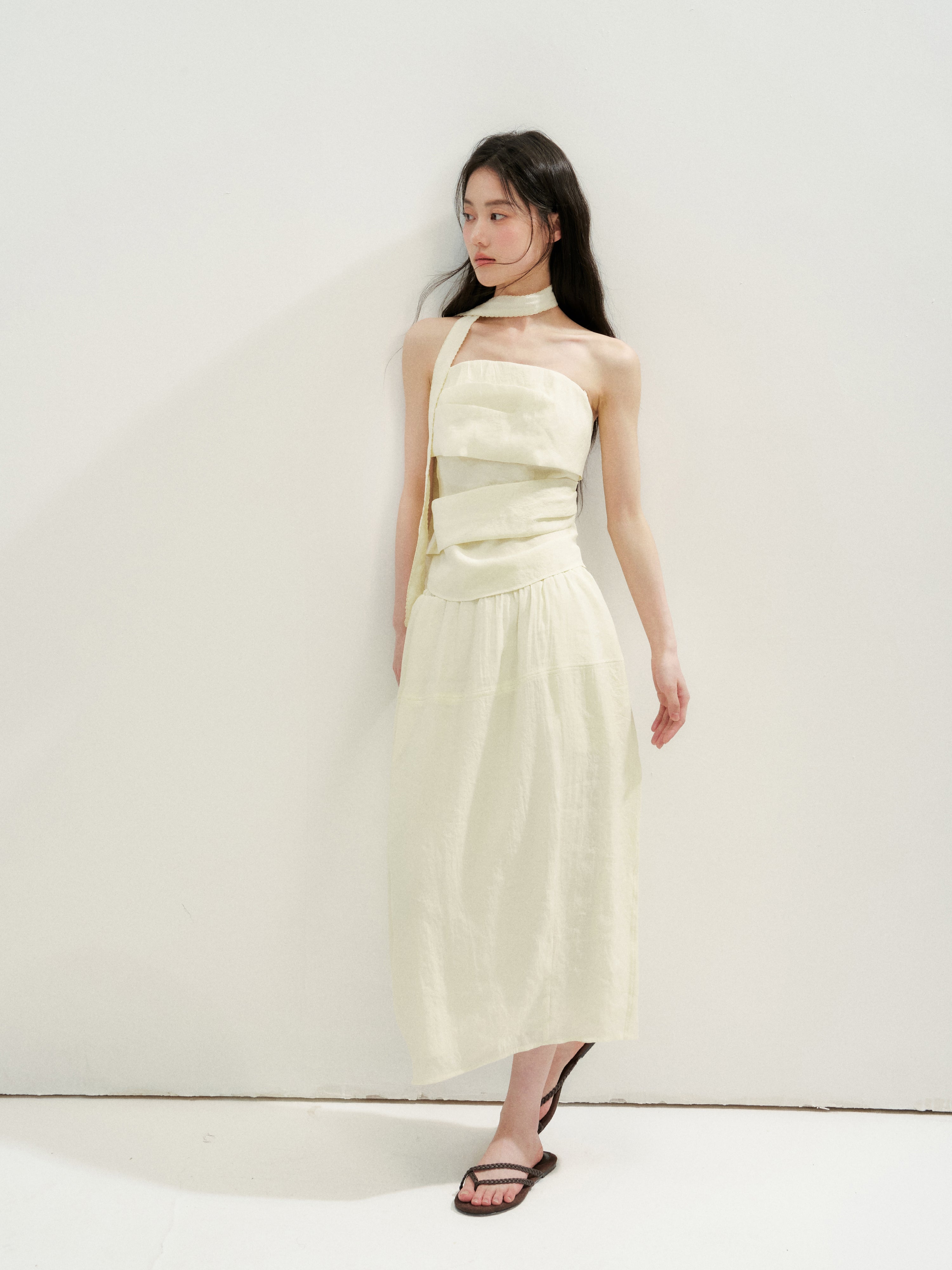 16DEWS 16D26254&amp;16D26255 Irregular Runching Design Waisted Tube Top+Midi Skirt