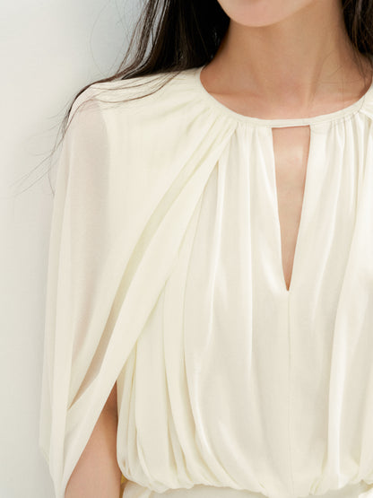 16DEWS 16D26256&amp;16D26257 Cape-Style V-Neck Top+Tulle Spliced Pleated A-Line Skirt