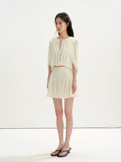 16DEWS 16D26256&amp;16D26257 Cape-Style V-Neck Top+Tulle Spliced Pleated A-Line Skirt