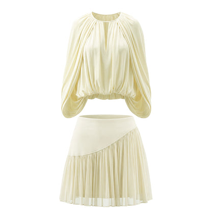 16DEWS 16D26256&amp;16D26257 Cape-Style V-Neck Top+Tulle Spliced Pleated A-Line Skirt