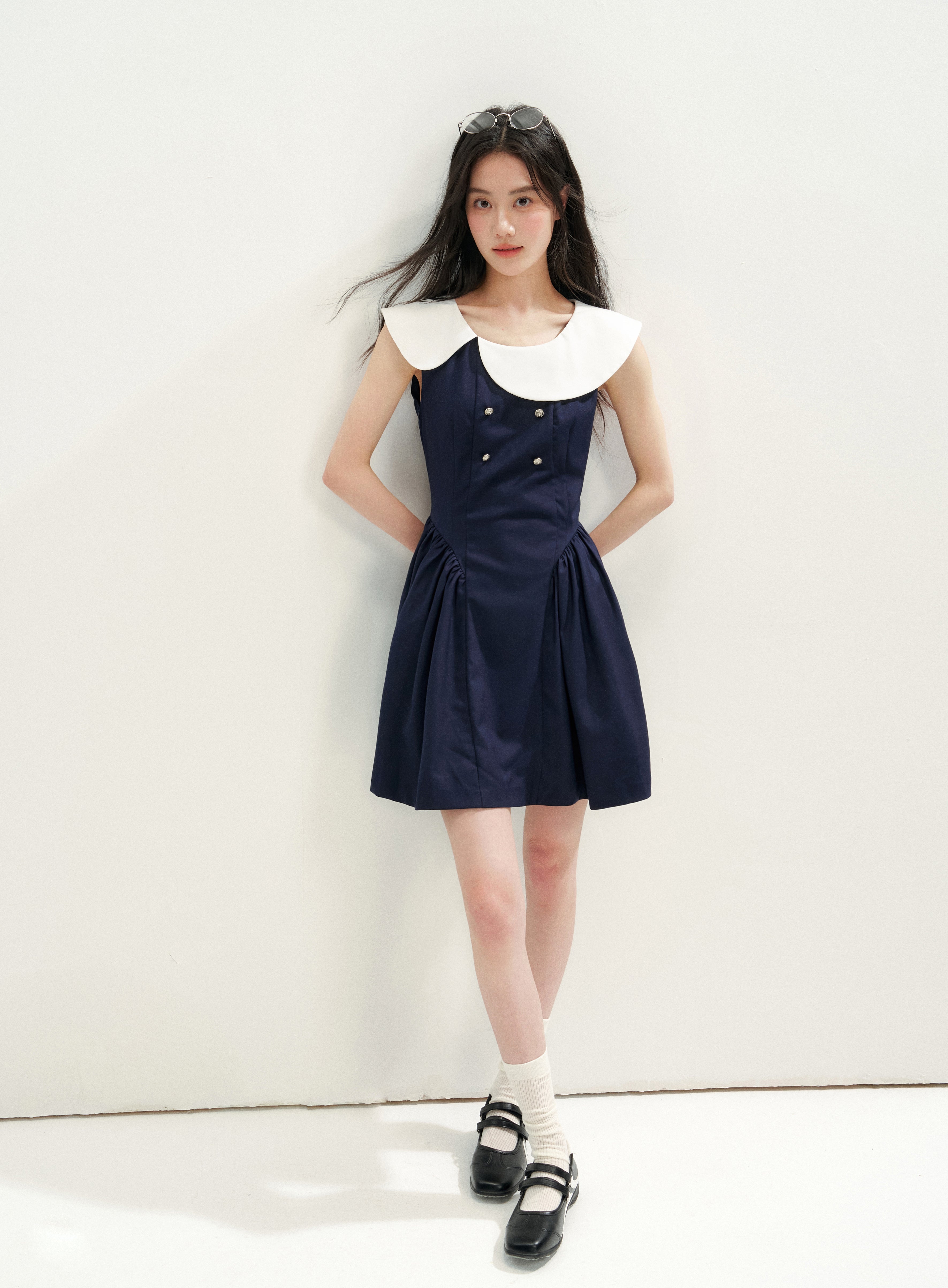 16DEWS 16D26271 Asymmetrical Peter Pan Collar Double-Breasted Waisted A-Line Dress