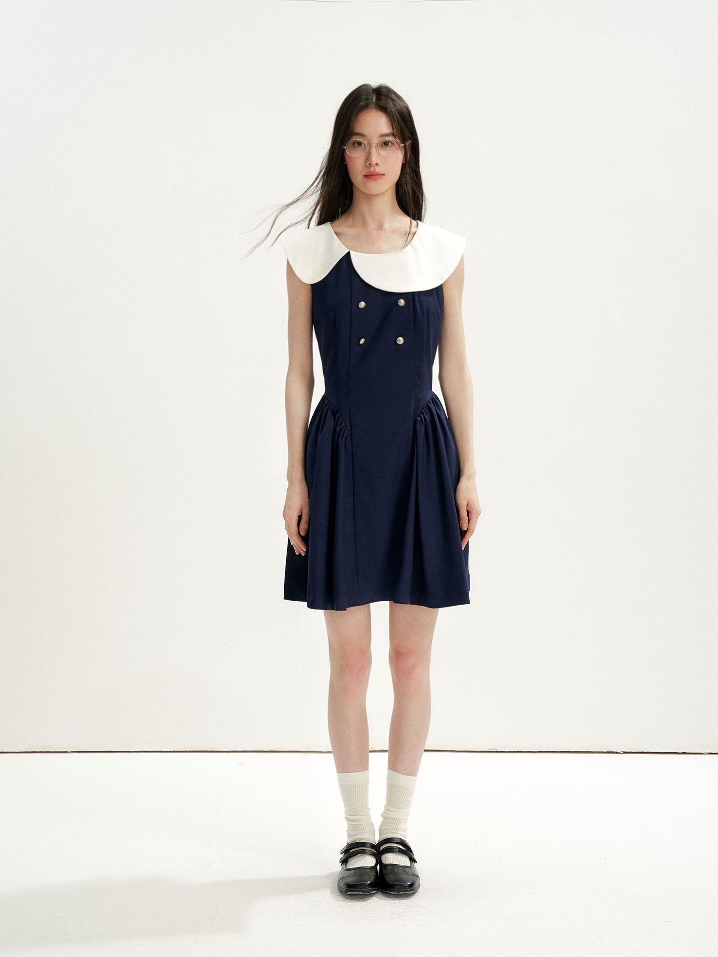 16DEWS 16D26271 Asymmetrical Peter Pan Collar Double-Breasted Waisted A-Line Dress