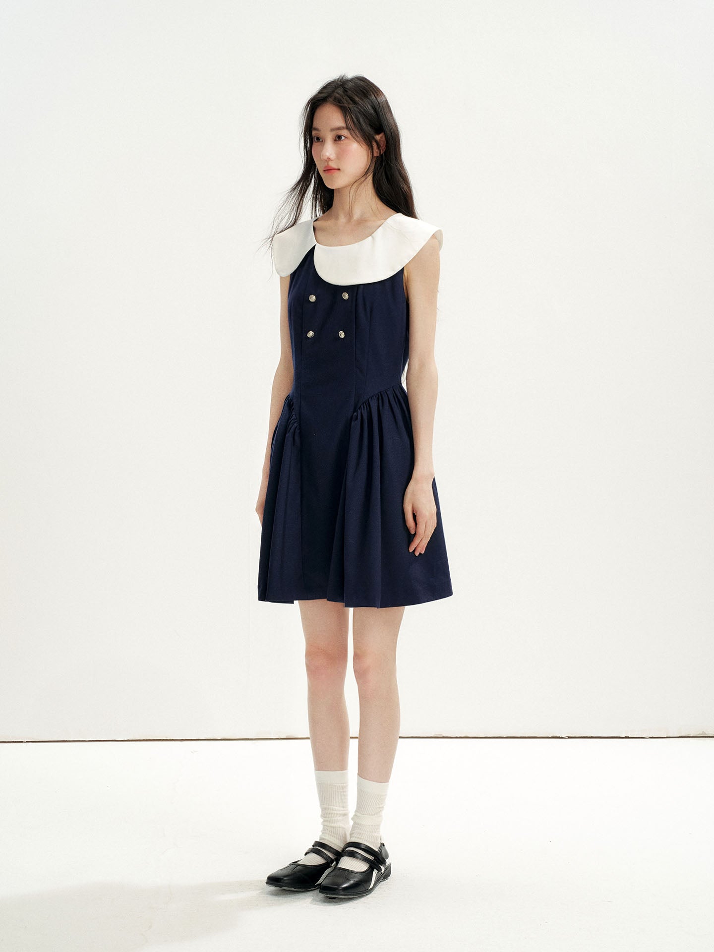 16DEWS 16D26271 Asymmetrical Peter Pan Collar Double-Breasted Waisted A-Line Dress