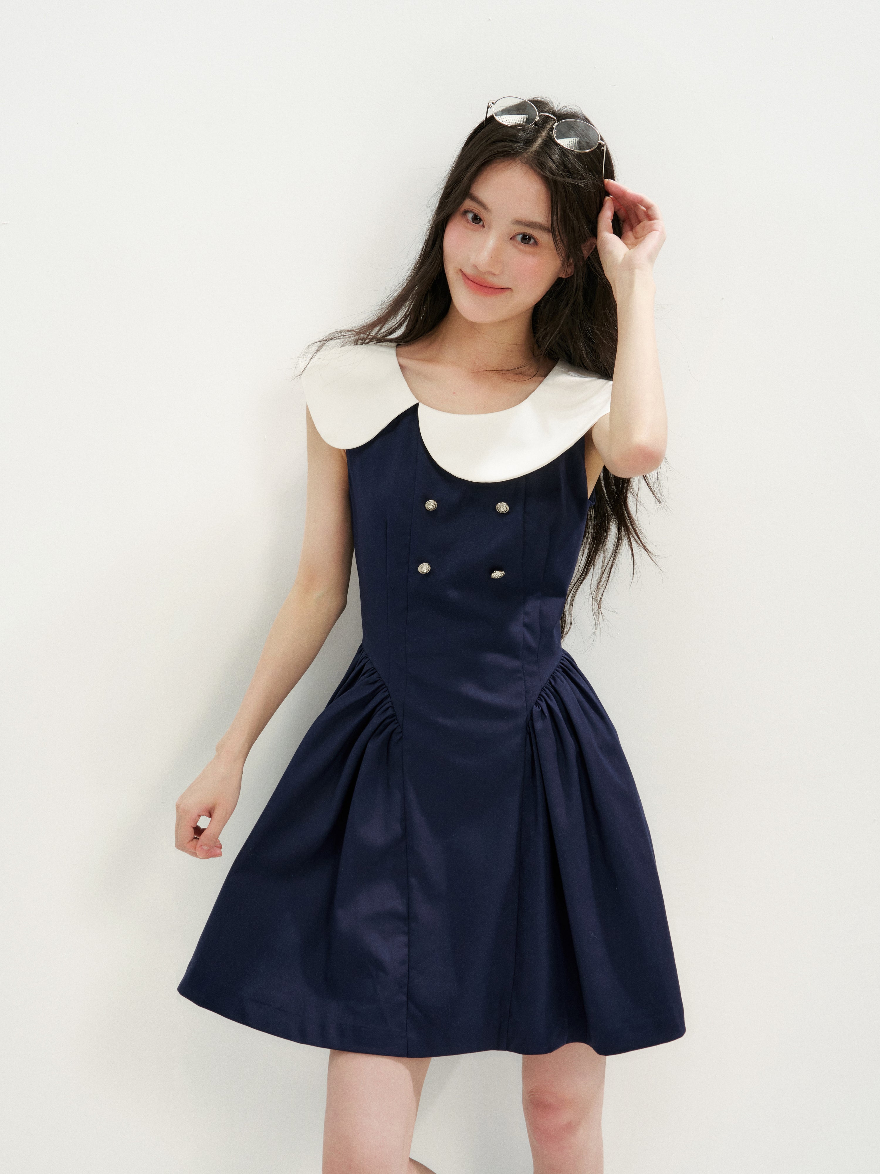 16DEWS 16D26271 Asymmetrical Peter Pan Collar Double-Breasted Waisted A-Line Dress