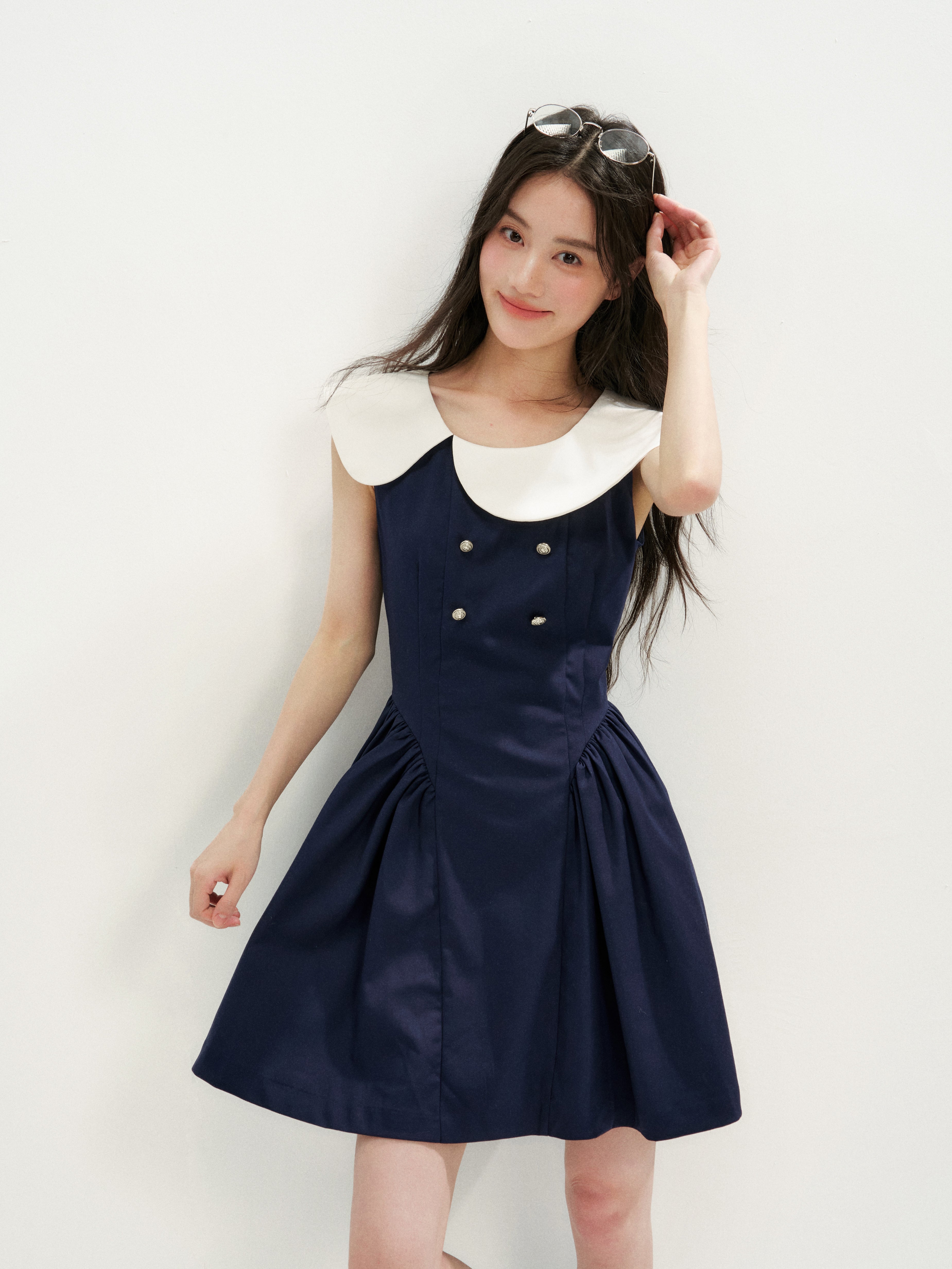 16DEWS 16D26271 Asymmetrical Peter Pan Collar Double-Breasted Waisted A-Line Dress