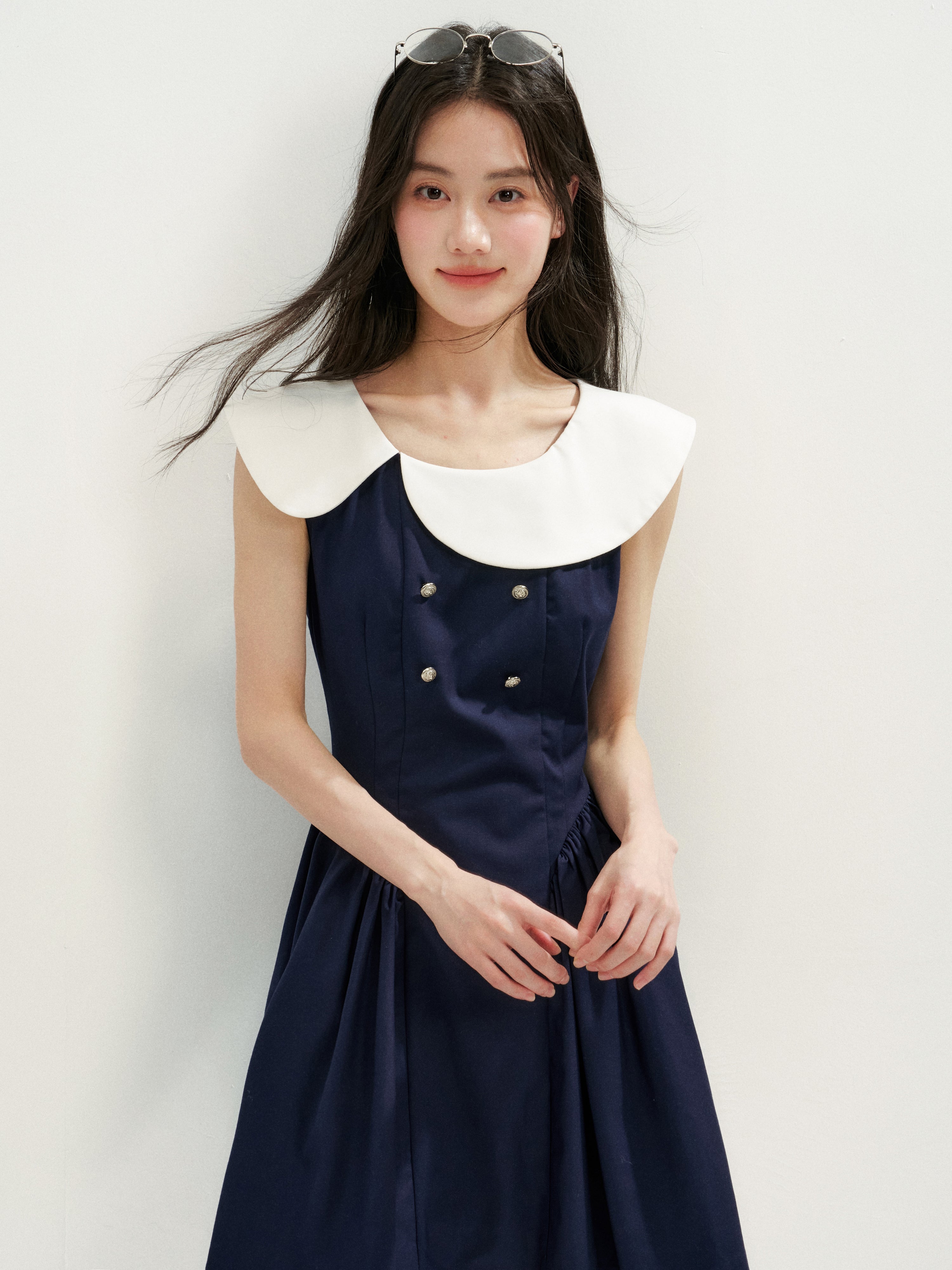 16DEWS 16D26271 Asymmetrical Peter Pan Collar Double-Breasted Waisted A-Line Dress
