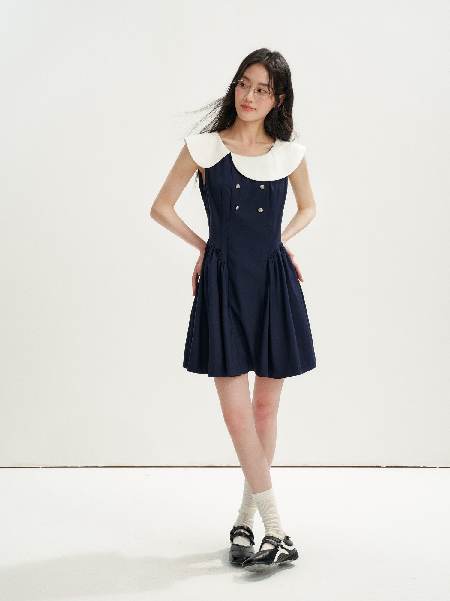 16DEWS 16D26271 Asymmetrical Peter Pan Collar Double-Breasted Waisted A-Line Dress