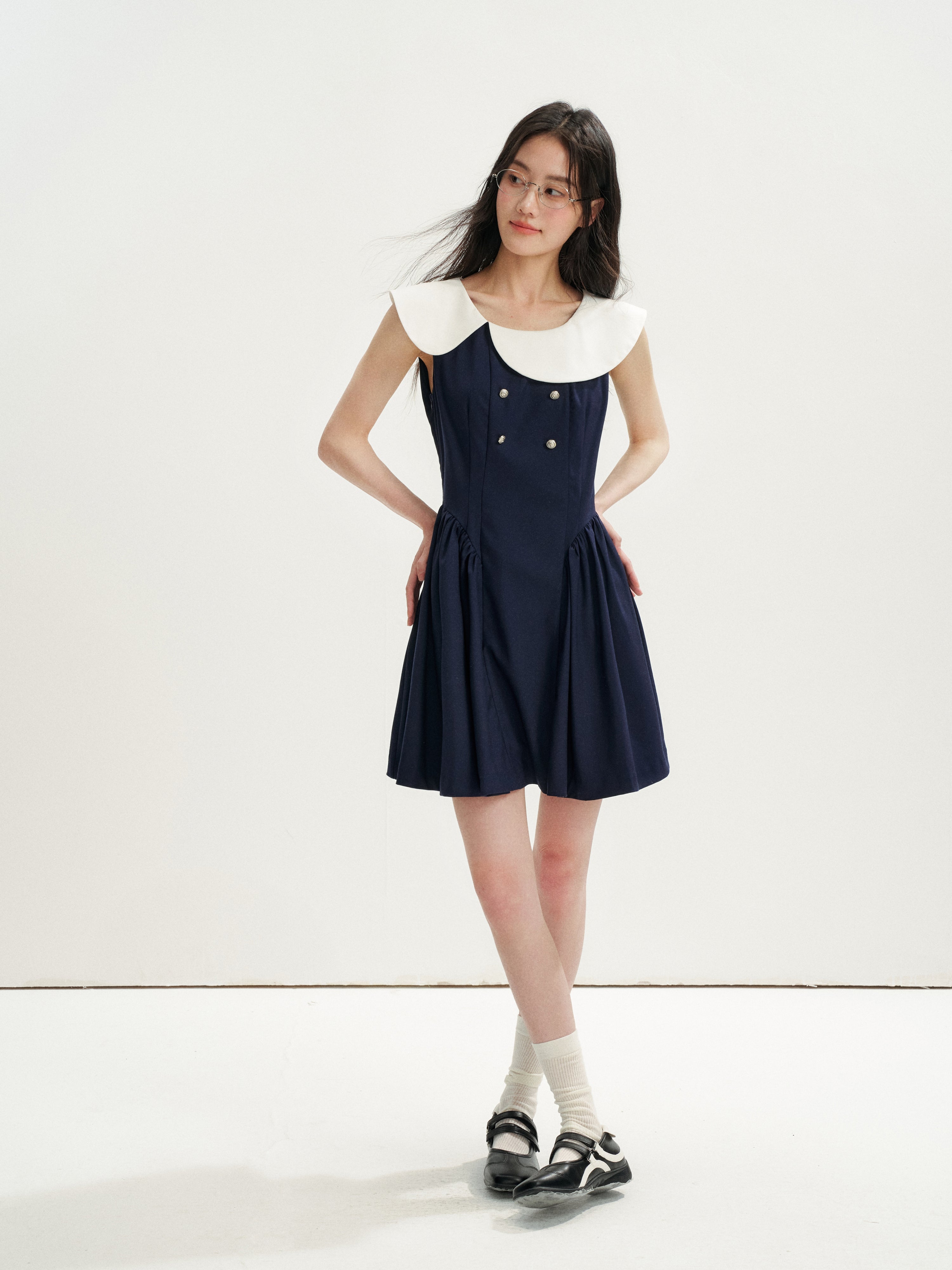 16DEWS 16D26271 Asymmetrical Peter Pan Collar Double-Breasted Waisted A-Line Dress