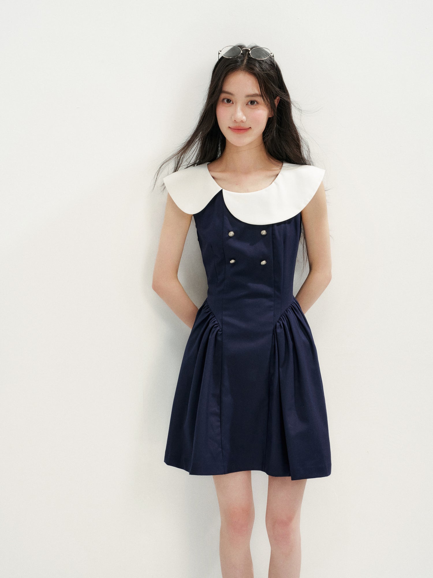 16DEWS 16D26271 Asymmetrical Peter Pan Collar Double-Breasted Waisted A-Line Dress