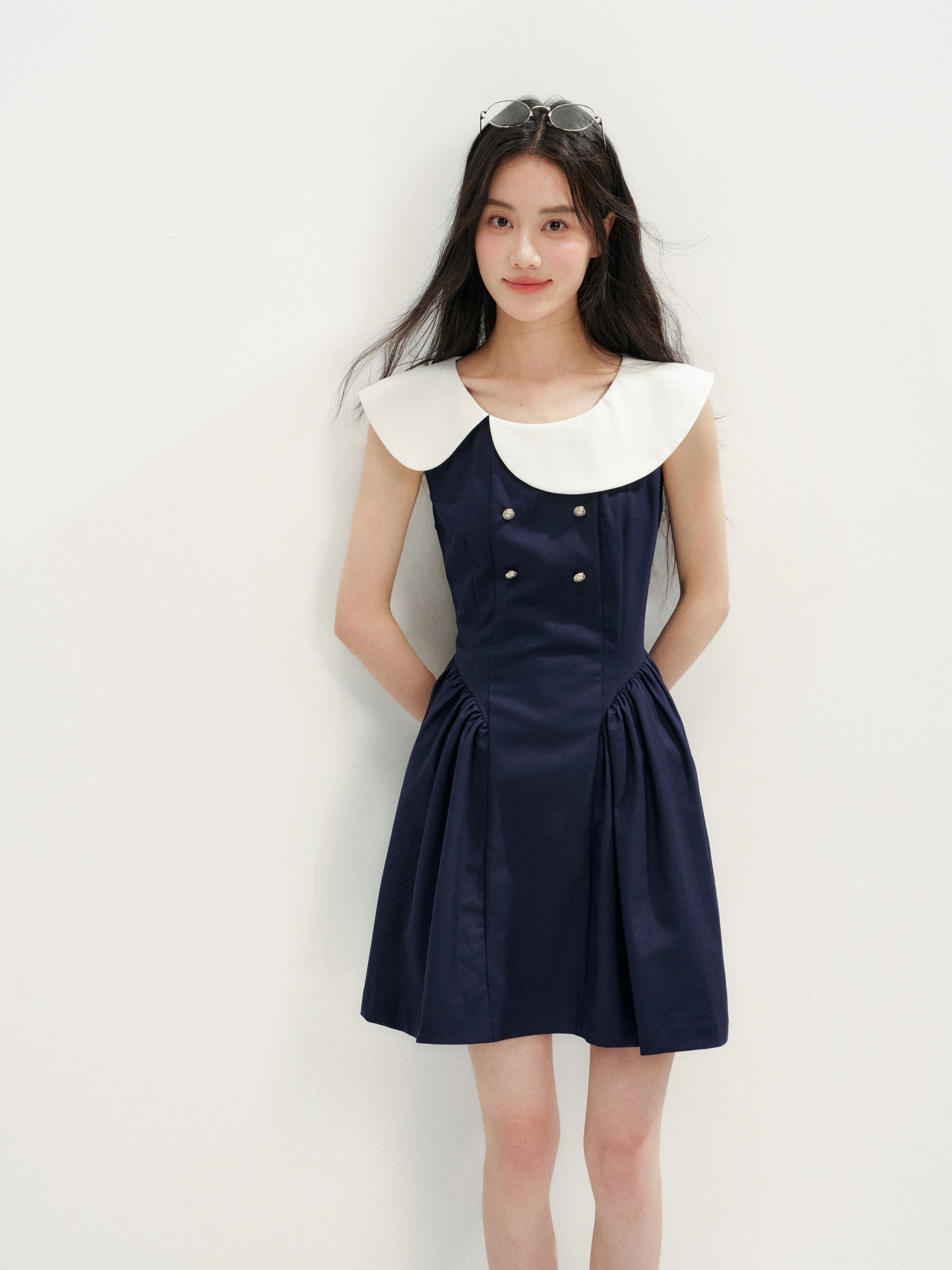16DEWS 16D26271 Asymmetrical Peter Pan Collar Double-Breasted Waisted A-Line Dress