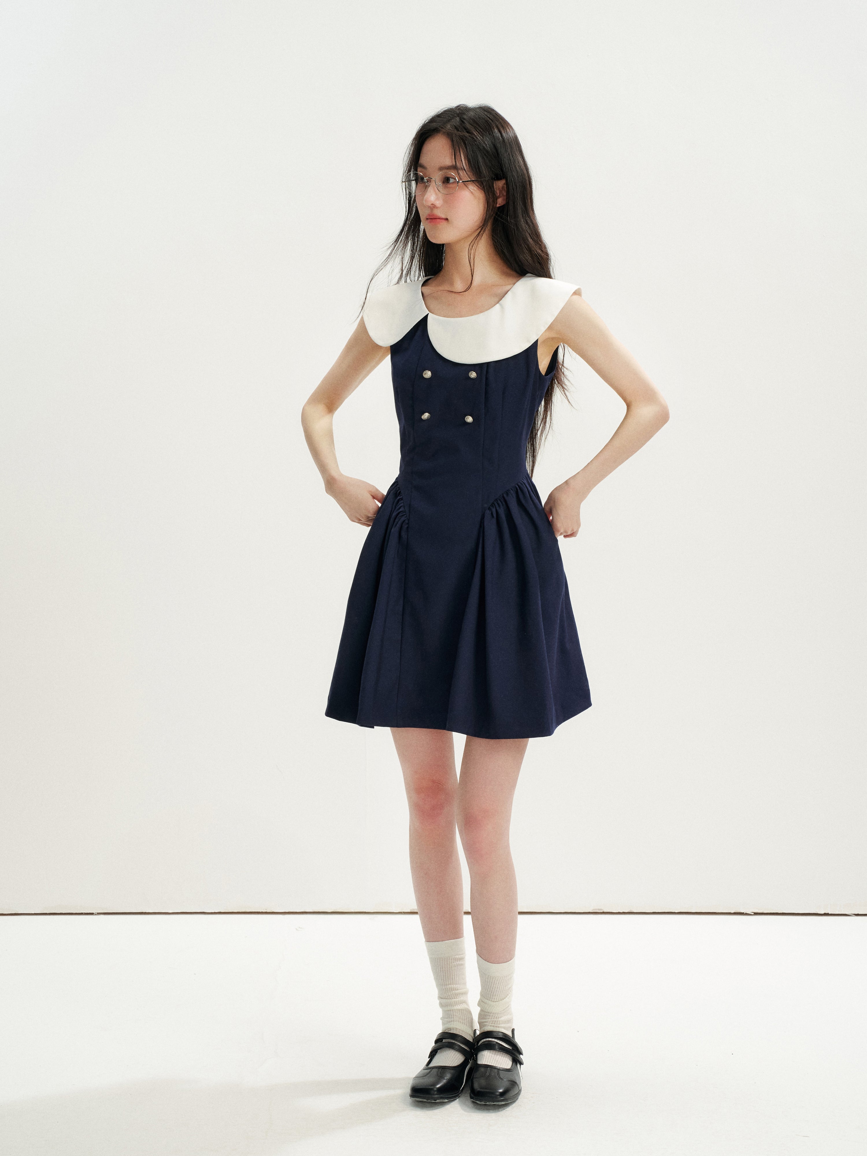 16DEWS 16D26271 Asymmetrical Peter Pan Collar Double-Breasted Waisted A-Line Dress