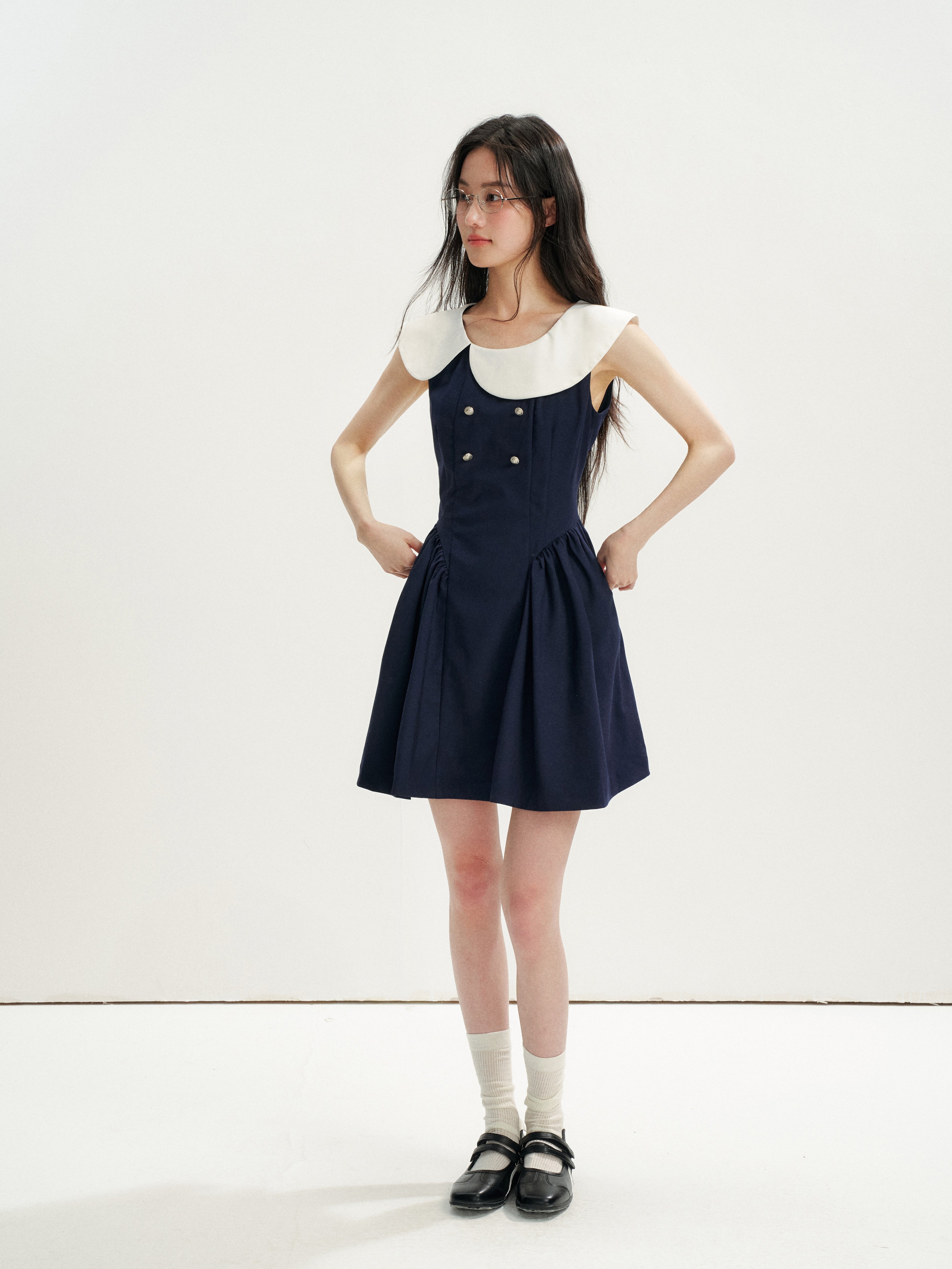 16DEWS 16D26271 Asymmetrical Peter Pan Collar Double-Breasted Waisted A-Line Dress