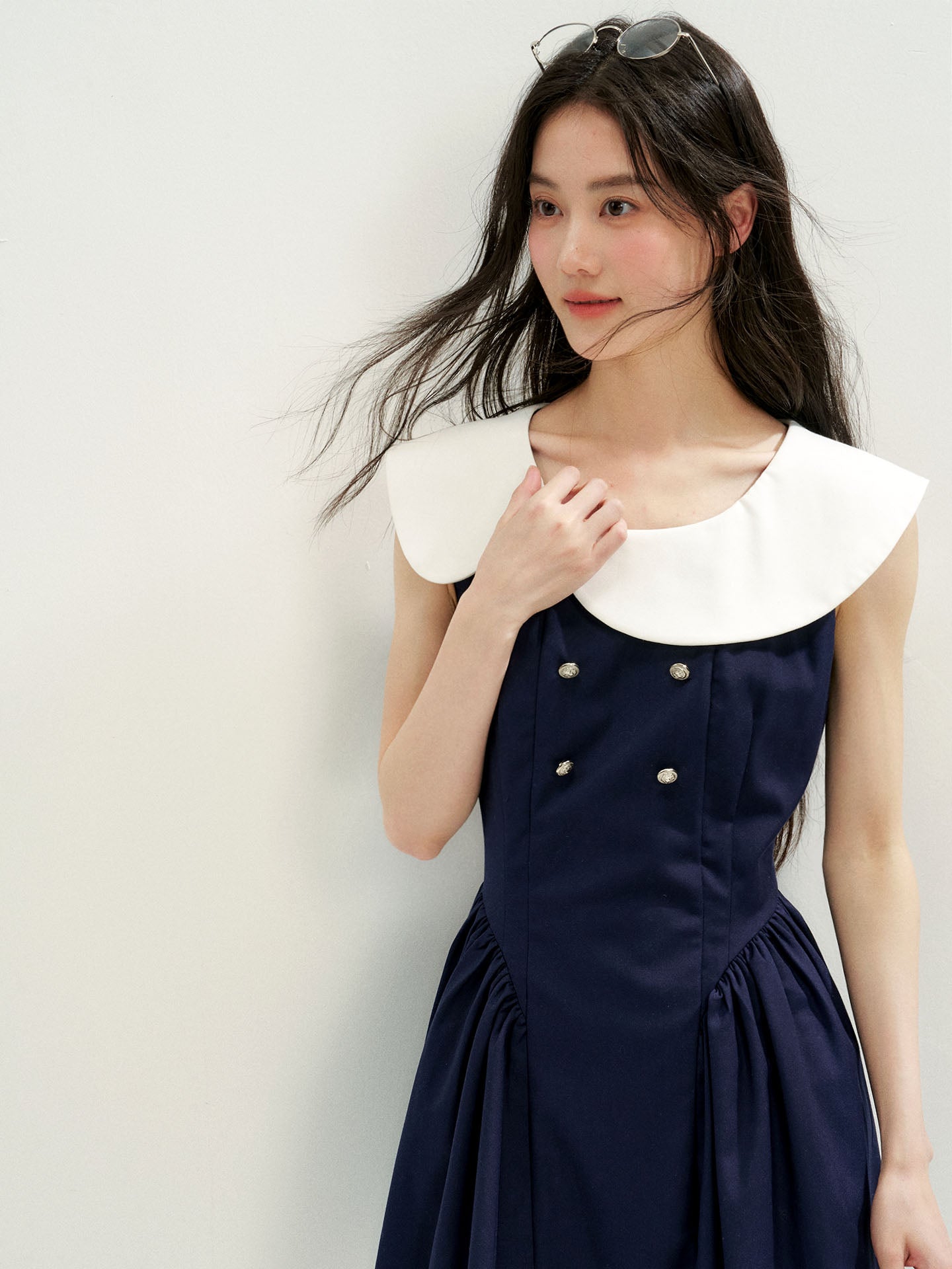 16DEWS 16D26271 Asymmetrical Peter Pan Collar Double-Breasted Waisted A-Line Dress