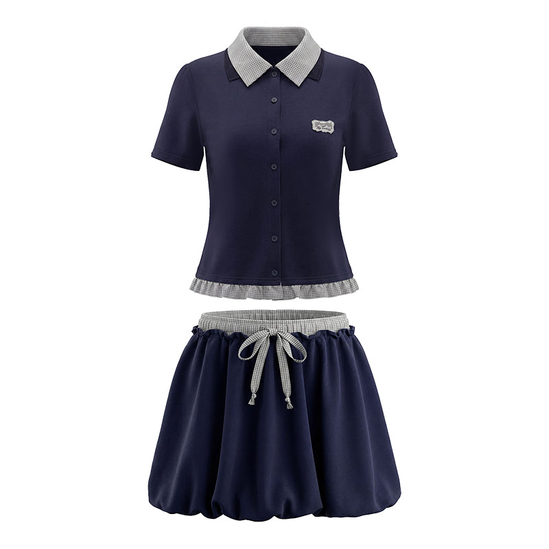 16DEWS 16D26272&amp;16D26273 Plaid Spliced Puff Sleeve Waisted Short-Sleeve Top +Skirt